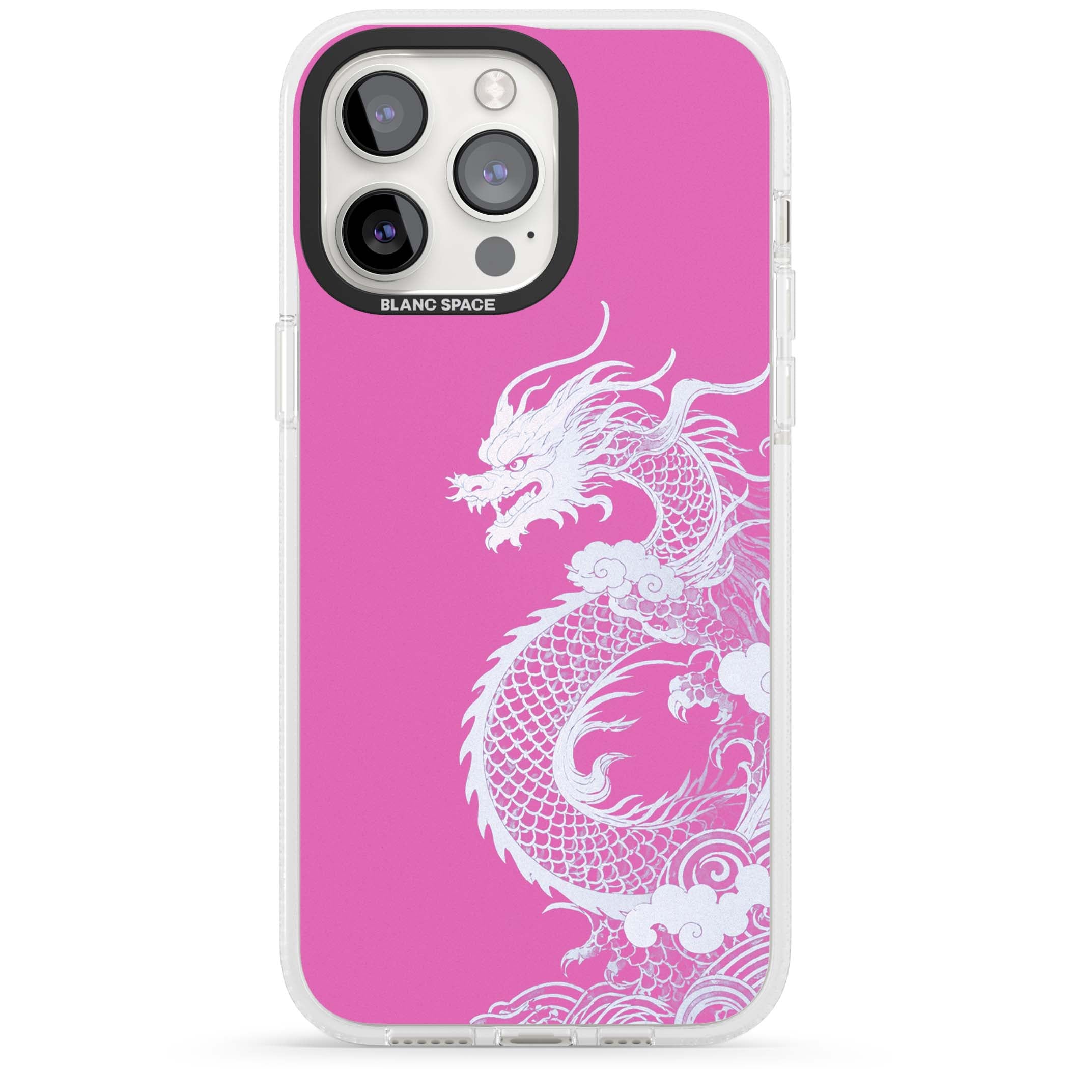 Pink Empress chinese dragon iPhone case featuring a white dragon, swirling clouds and pink dragon wallpaper backdrop | Clear Case Impact Air case for iPhone 15 Pro, iPhone 15 Pro Max