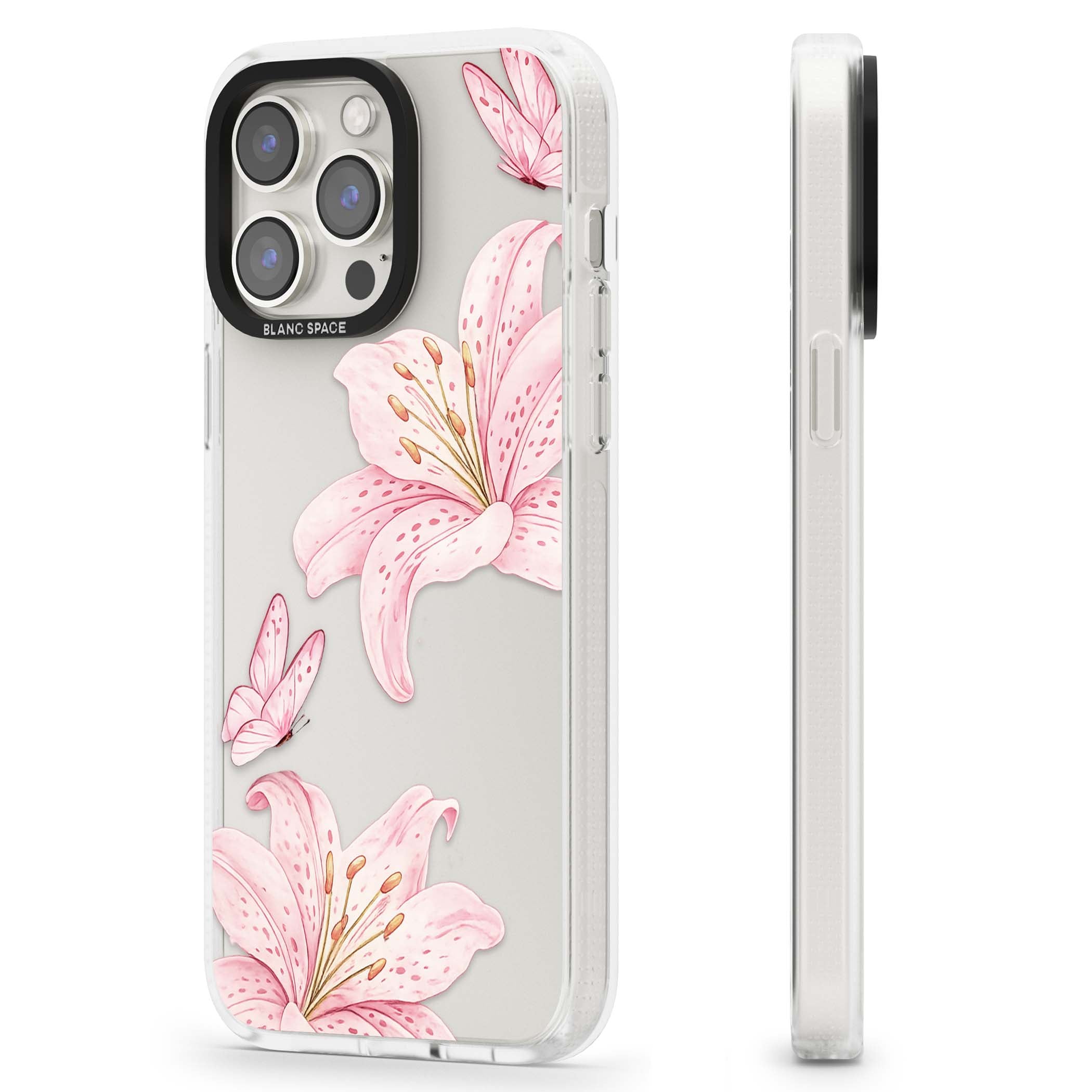 Lily Whisper floral iPhone case featuring pink watercolour lilies and delicate butterflies on a clear background | Clear Case Impact Air case for iPhone 15 Pro, iPhone 15 Pro Max