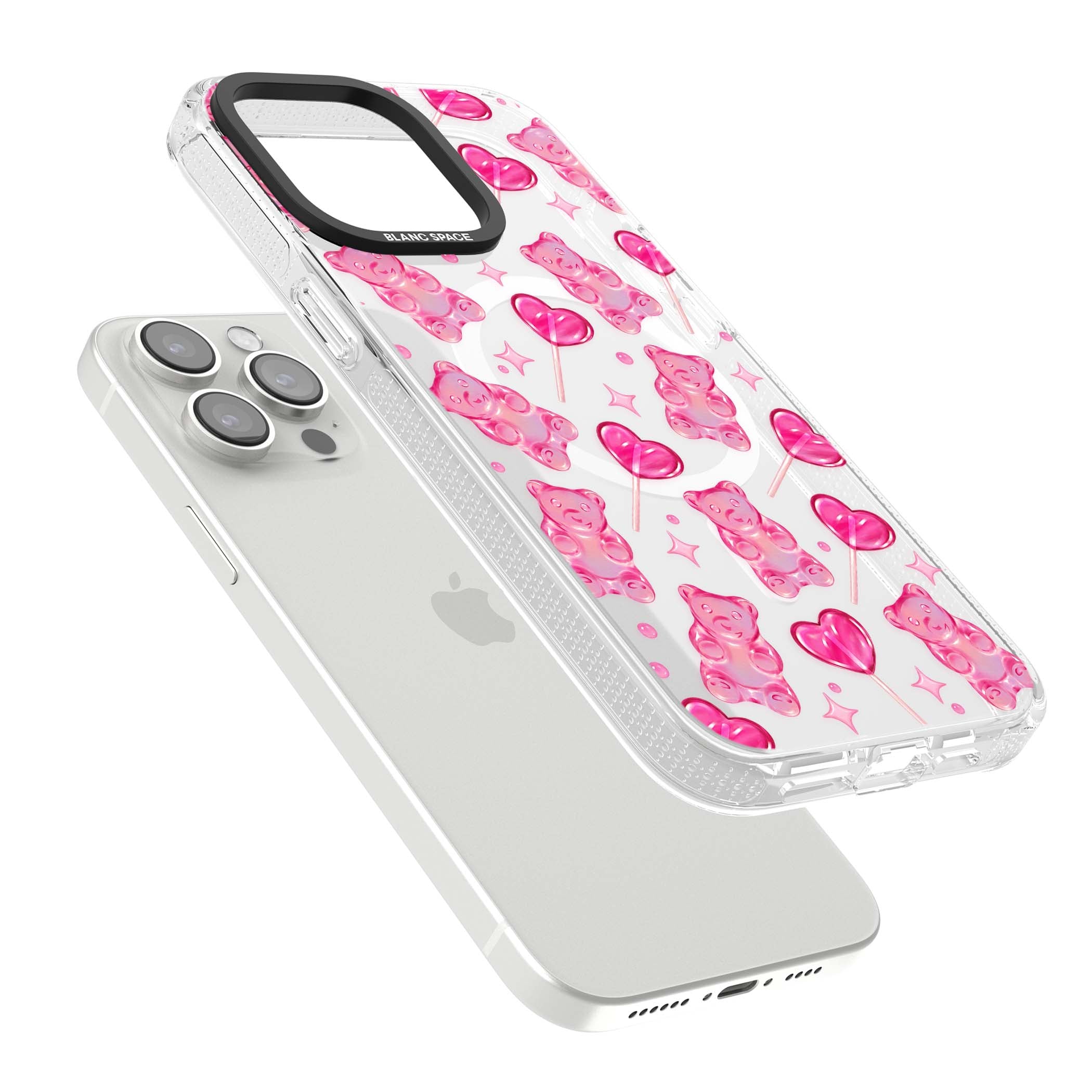 Pink Sugar pinkcore iPhone case featuring pink gummy bears, heart-shaped lollipops and sparkle stars | Clear Case Impact Air case for iPhone 15 Pro, iPhone 15 Pro Max