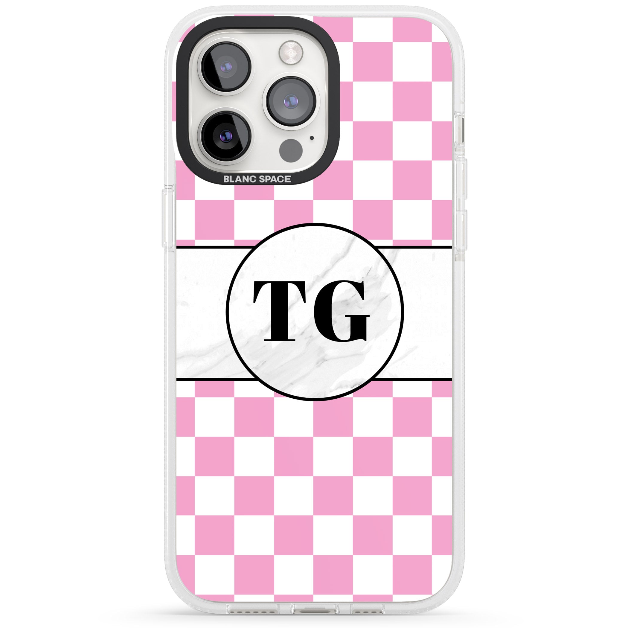 Personalised Monogrammed Pink Check iPhone 15 Pro Max / 15 Pro / 14 Pro Max / 14 Pro / 13 Pro Clear Case Impact Air - Blanc Space