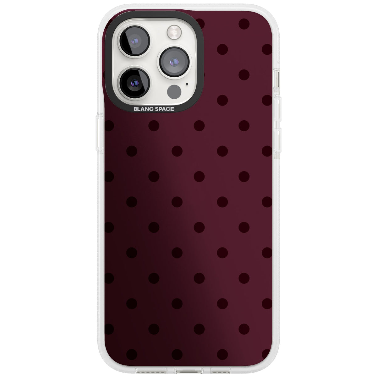 Burgundy Polka Dot minimalist iPhone case featuring black polka dots on a deep burgundy wine red background iPhone 12 Pro Max / iPhone 13 Pro / iPhone 13 Pro Max / iPhone 14 Pro / iPhone 14 Pro Max / iPhone 15 Pro Max Impact Air Phone Case front