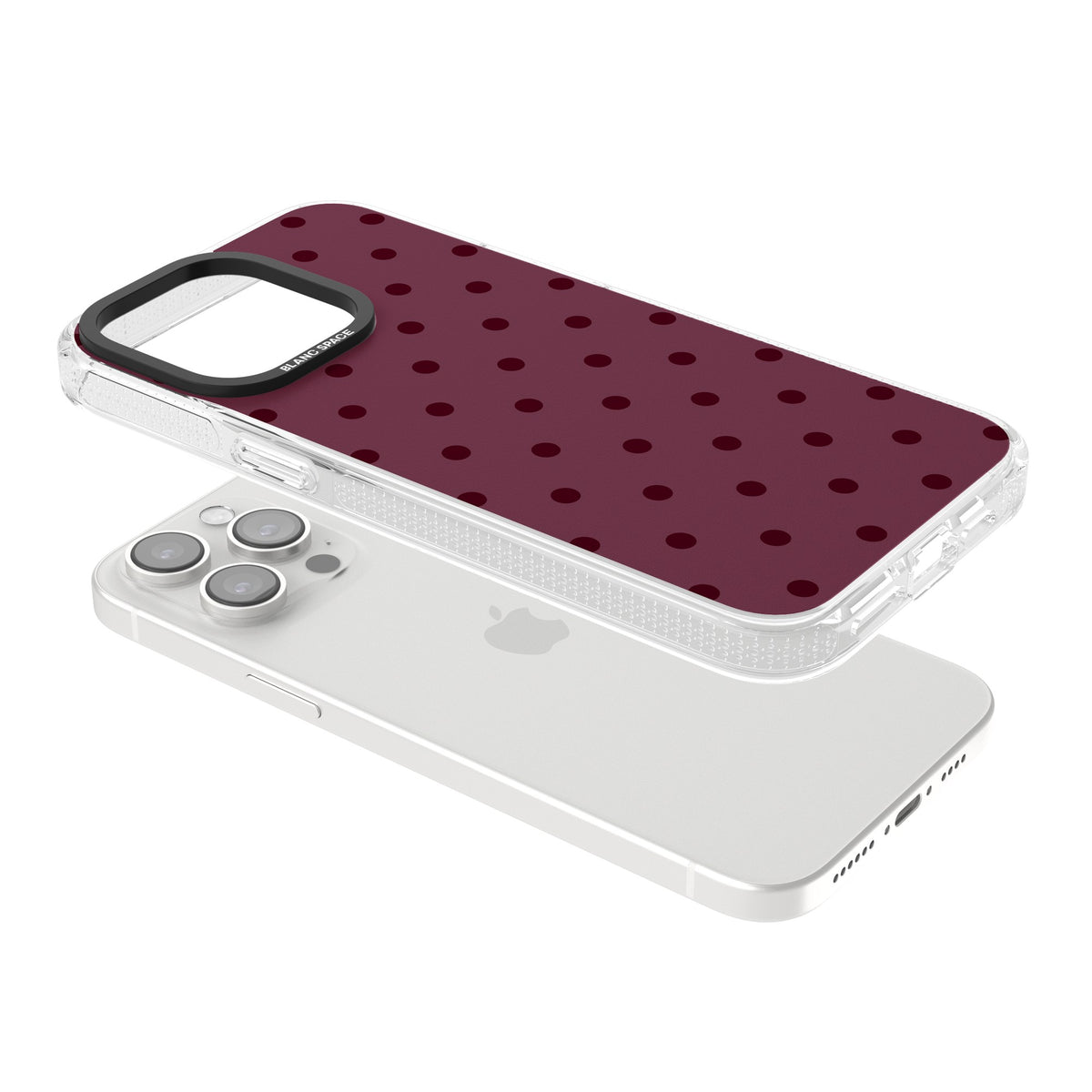 Burgundy Polka Dot minimalist iPhone case featuring black polka dots on a deep burgundy wine red background iPhone 12 Pro Max / iPhone 13 Pro / iPhone 13 Pro Max / iPhone 14 Pro / iPhone 14 Pro Max / iPhone 15 Pro / iPhone 15 Pro Max Impact Air Phone Case angled