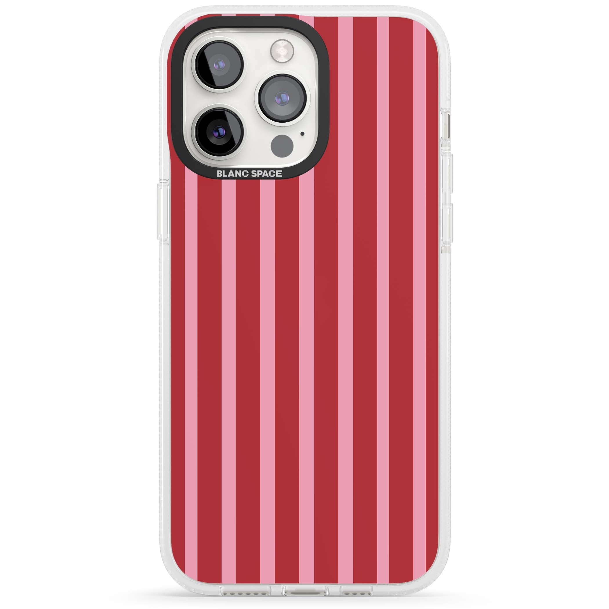Raspberry Stripe coquette iPhone case featuring red and pink vertical stripes in a candy-inspired pattern | Clear Case Impact Air case for iPhone 15 Pro, iPhone 15 Pro Max