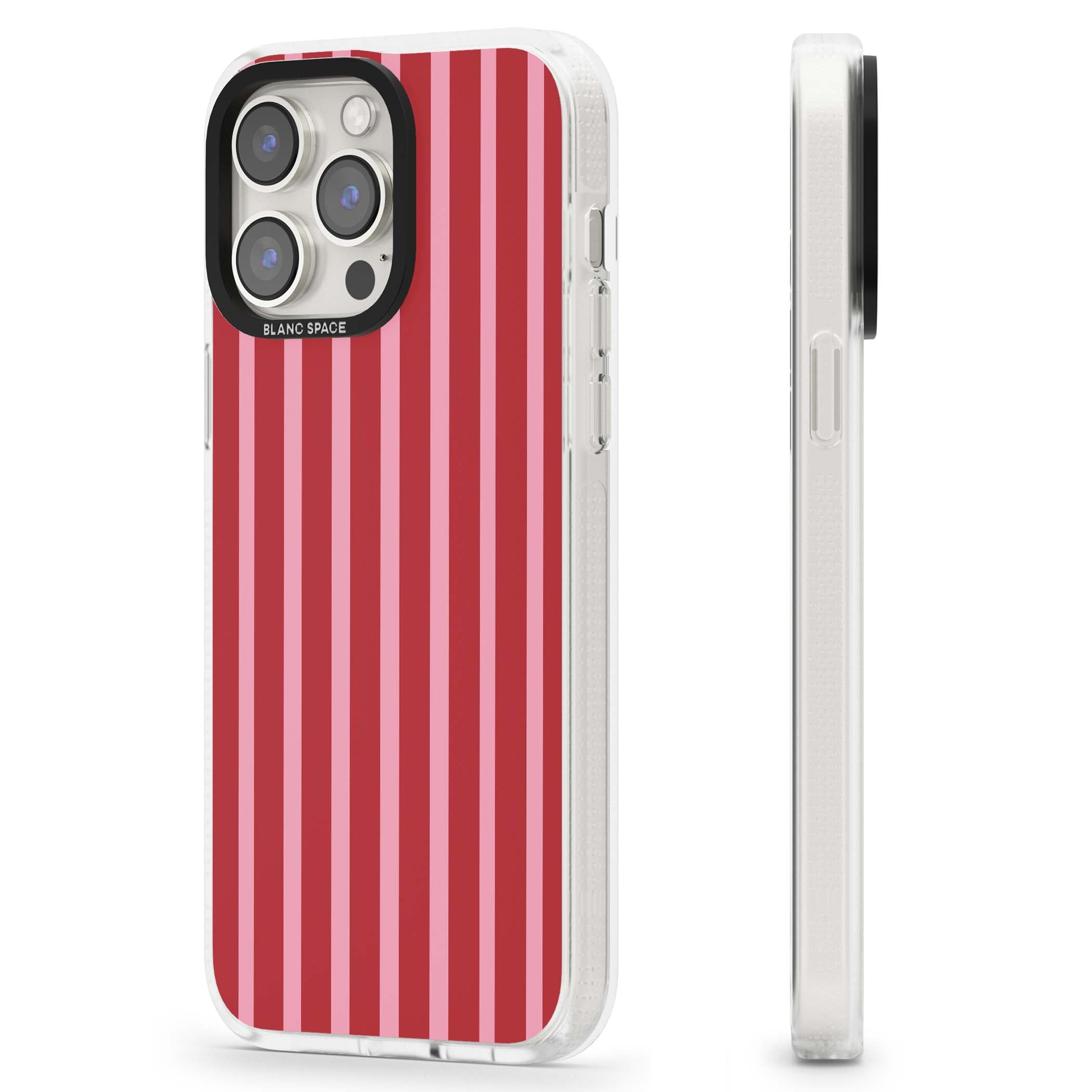Raspberry Stripe coquette iPhone case featuring red and pink vertical stripes in a candy-inspired pattern | Clear Case Impact Air case for iPhone 15 Pro, iPhone 15 Pro Max