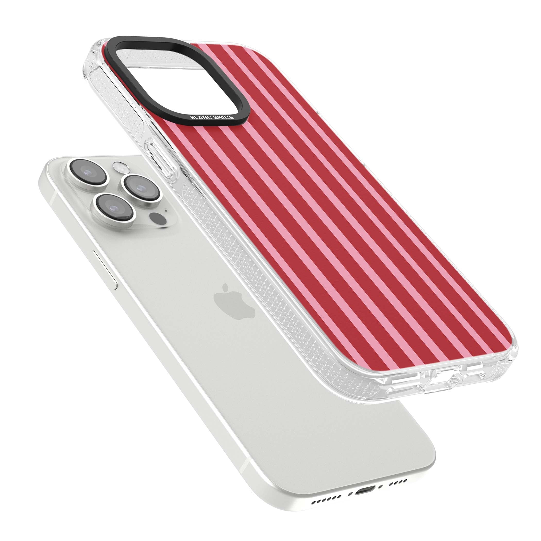 Raspberry Stripe coquette iPhone case featuring red and pink vertical stripes in a candy-inspired pattern | Clear Case Impact Air case for iPhone 15 Pro, iPhone 15 Pro Max