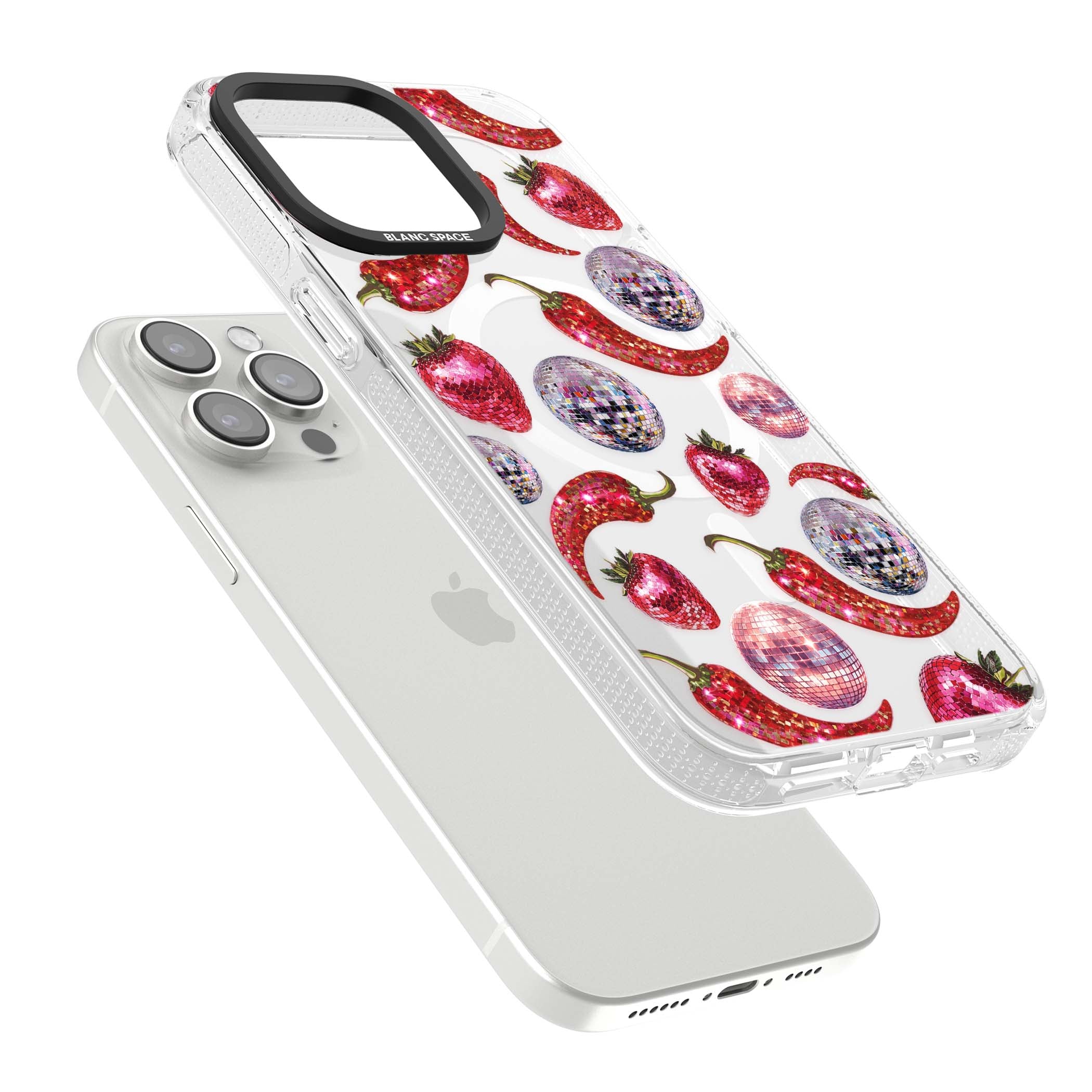 Spicy Disco Y2K iPhone case featuring glitter disco balls, sparkly strawberries and red chilli peppers | Clear Case Impact Air case for iPhone 15 Pro, iPhone 15 Pro Max