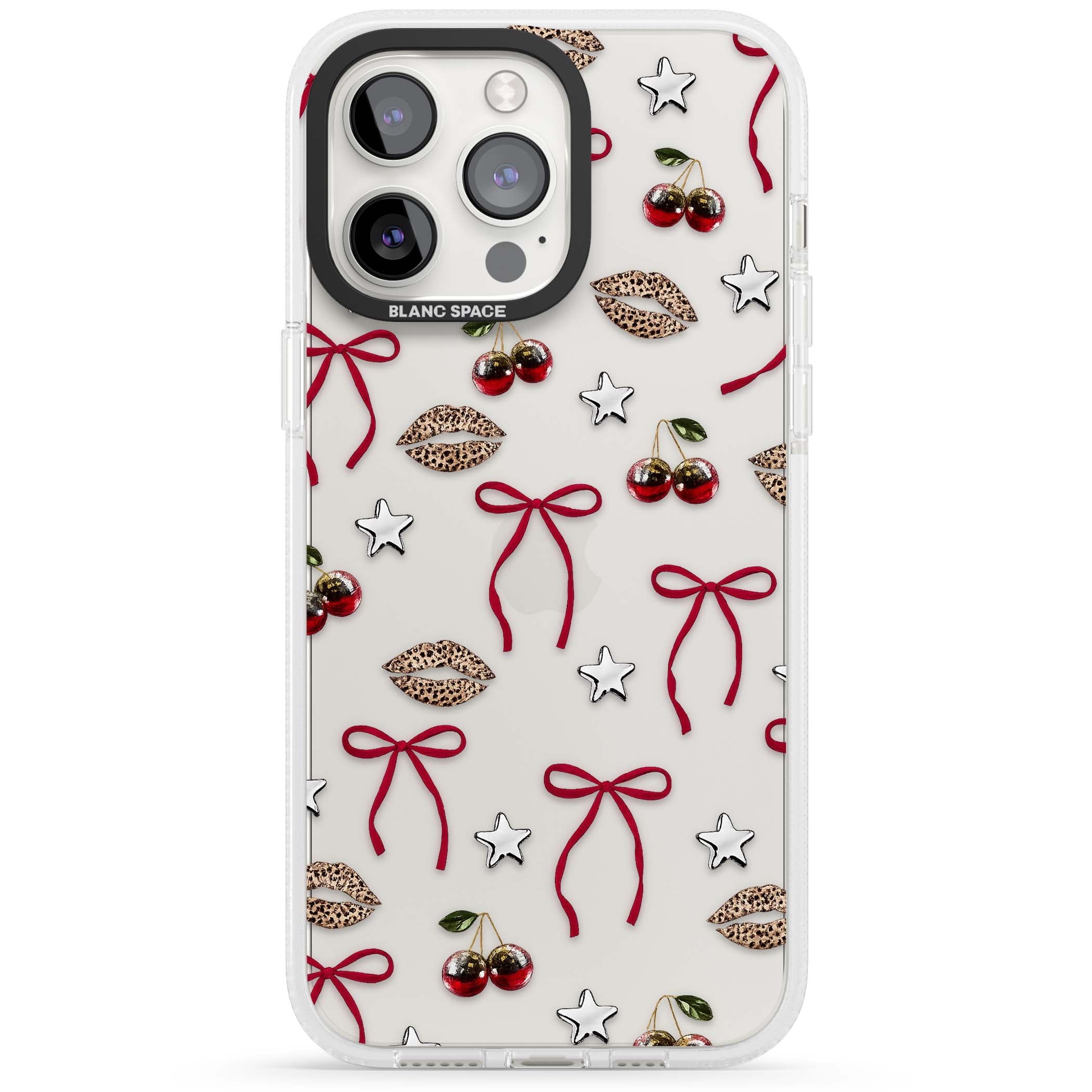 Starlet coquette iPhone case featuring red ribbon bows, disco cherries and leopard-print lips | Clear Case Impact Air case for iPhone 15 Pro, iPhone 15 Pro Max