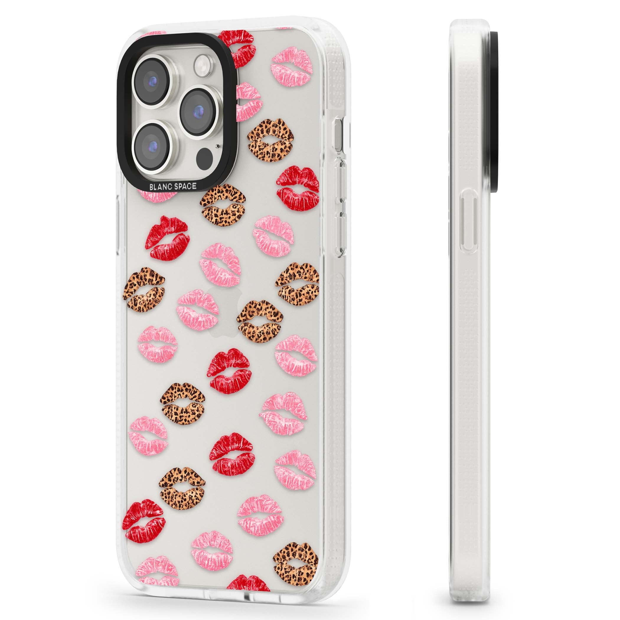 Wild Kisses coquette iPhone case featuring red, pink and leopard print lipstick kiss marks on a clear background | Clear Case Impact Air case for iPhone 15 Pro, iPhone 15 Pro Max