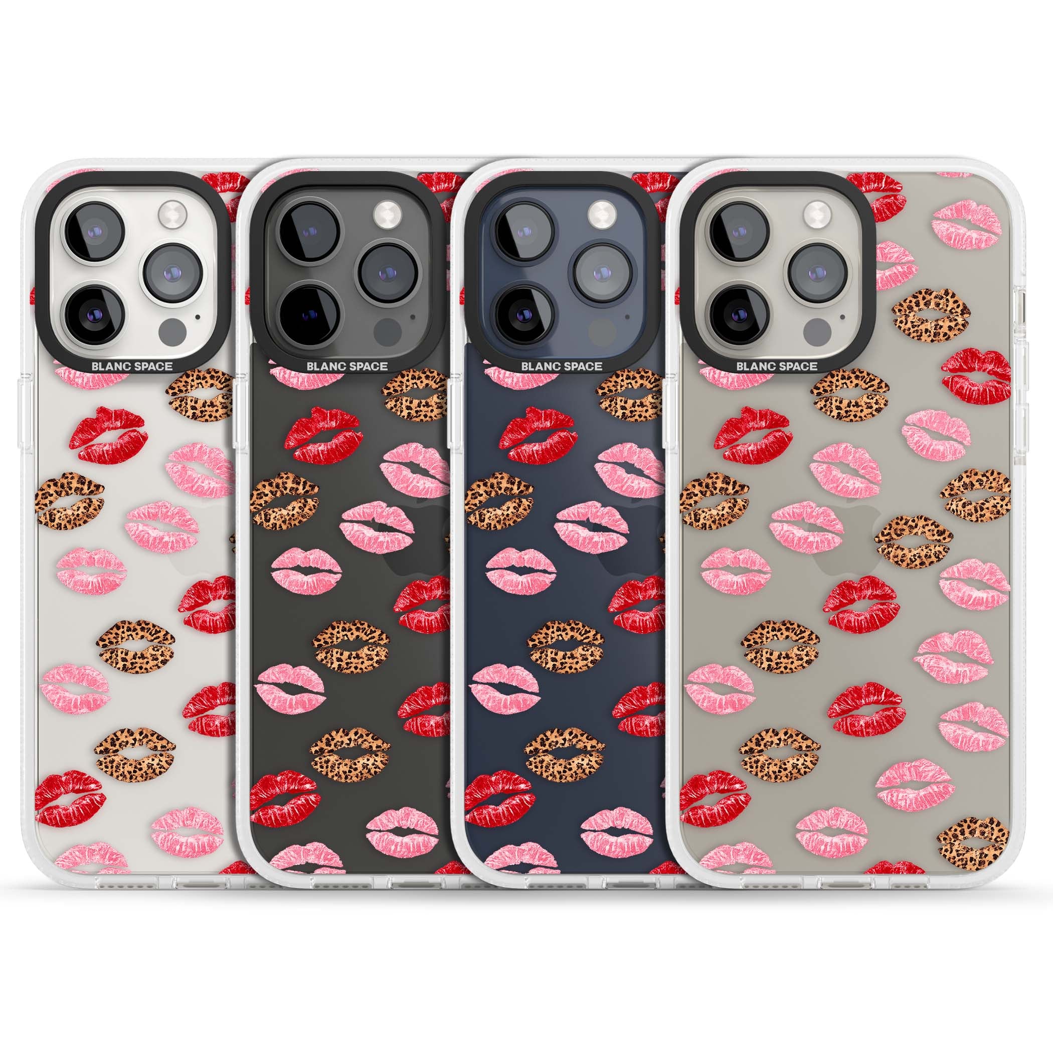 Wild Kisses coquette iPhone case featuring red, pink and leopard print lipstick kiss marks on a clear background | Clear Case Impact Air case for iPhone 15 Pro, iPhone 15 Pro Max