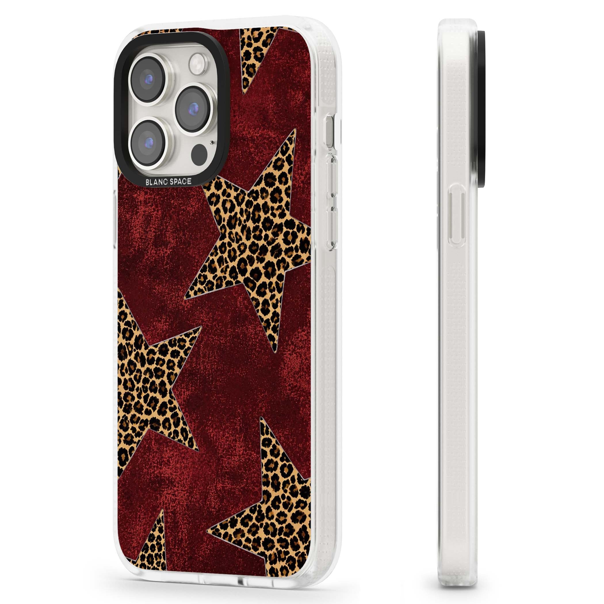 Showgirl leopard print iPhone case featuring cheetah print stars on distressed red grunge background | Clear Case Impact Air case for iPhone 15 Pro, iPhone 15 Pro Max