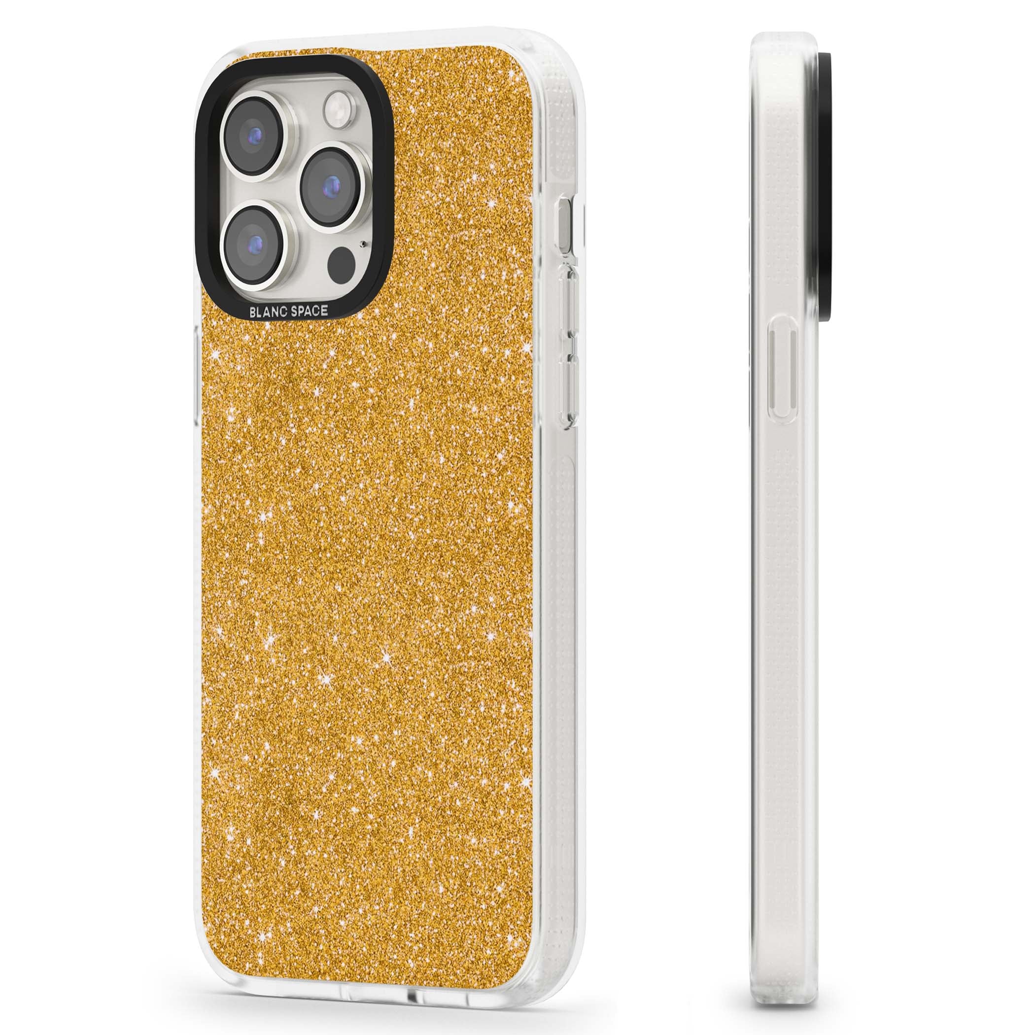 Gold Glitter gold glitter iPhone case featuring a shimmering sparkle wallpaper design in luxury gold | Clear Case Impact Air case for iPhone 15 Pro, iPhone 15 Pro Max
