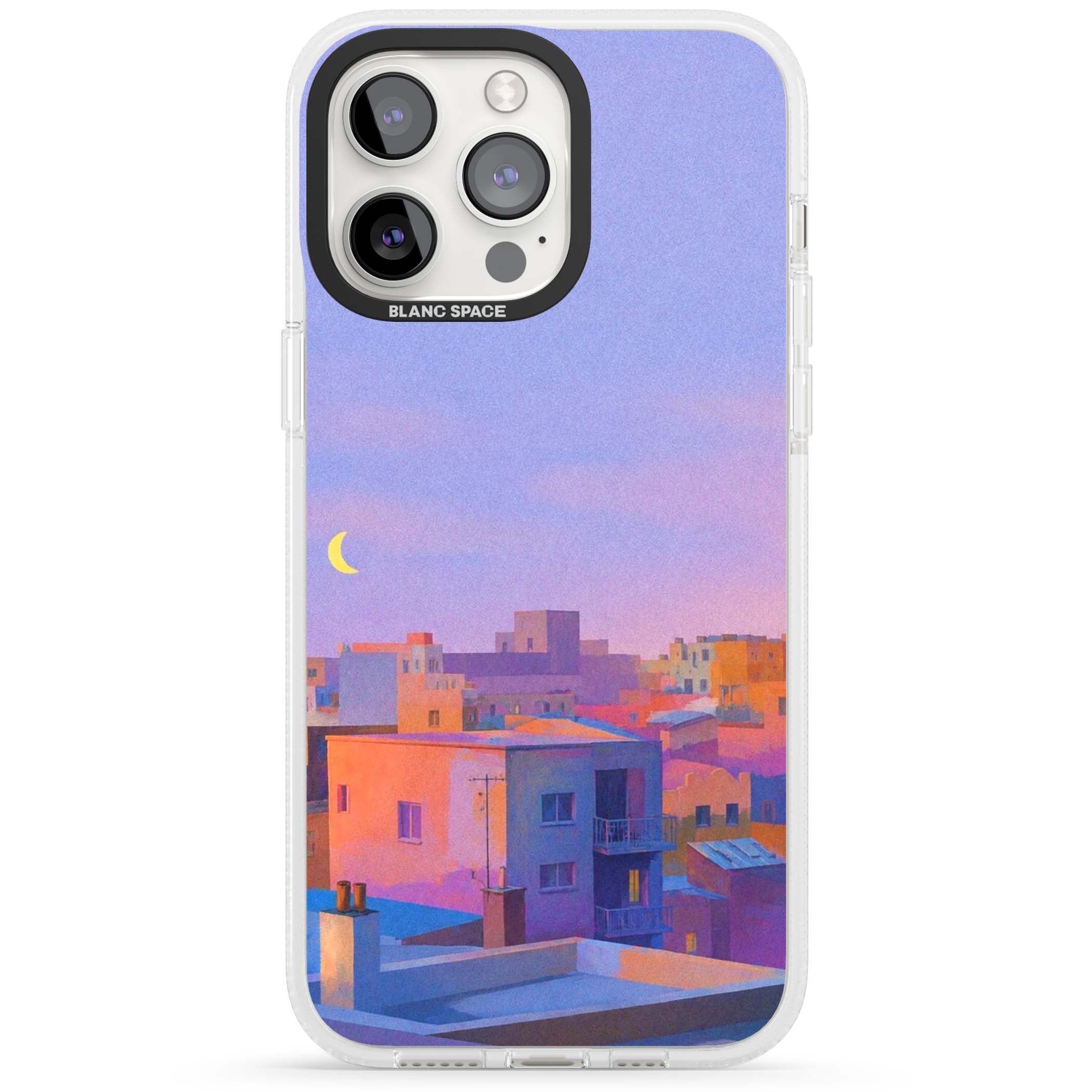 Twilight Rooftops vaporwave iPhone case featuring a pastel sunset cityscape, painted rooftops and a crescent moon. | Clear Case Impact Air case for iPhone 15 Pro, iPhone 15 Pro Max