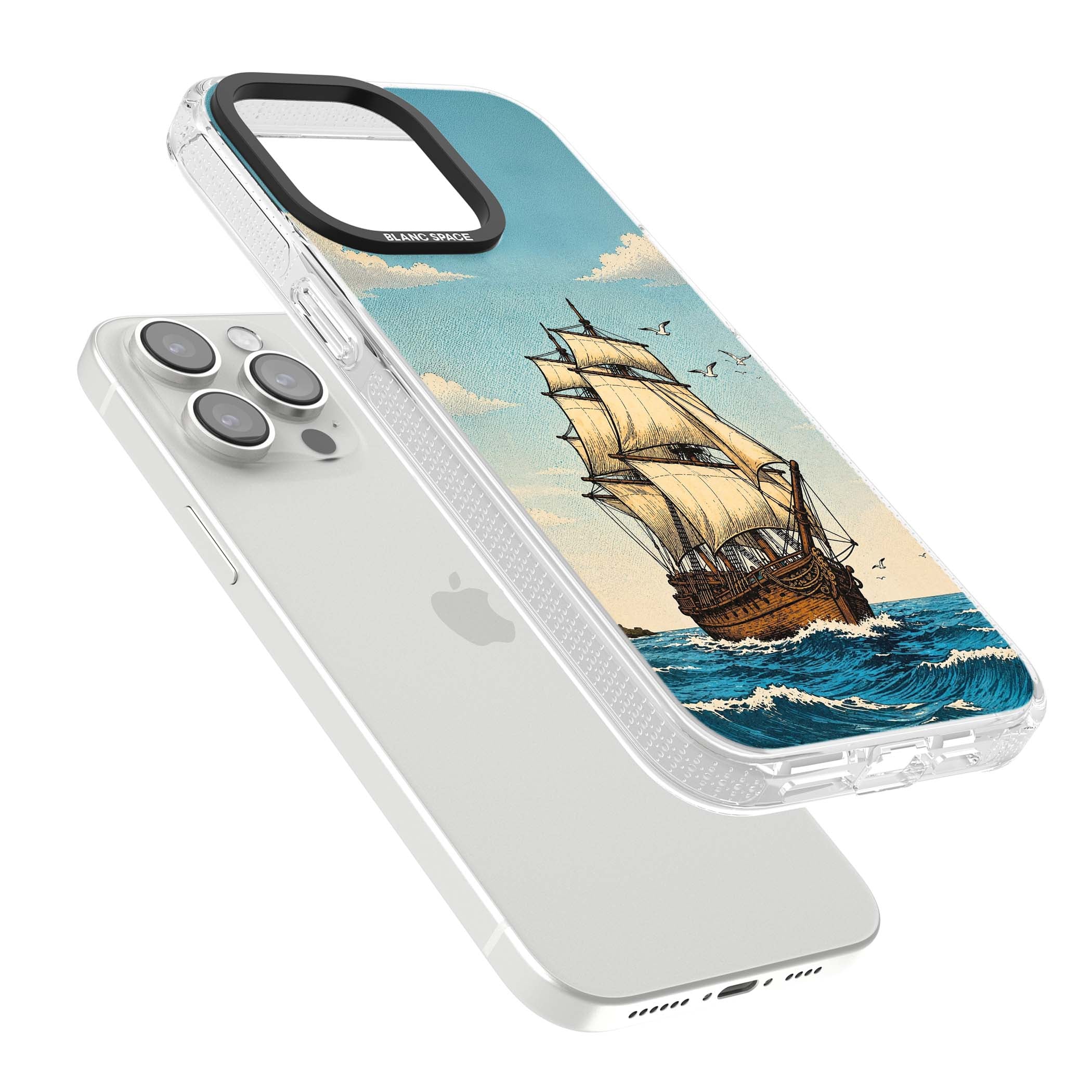 Ship at Sea nautical iPhone case featuring a vintage tall ship, ocean waves and seagulls | Clear Case Impact Air case for iPhone 15 Pro, iPhone 15 Pro Max