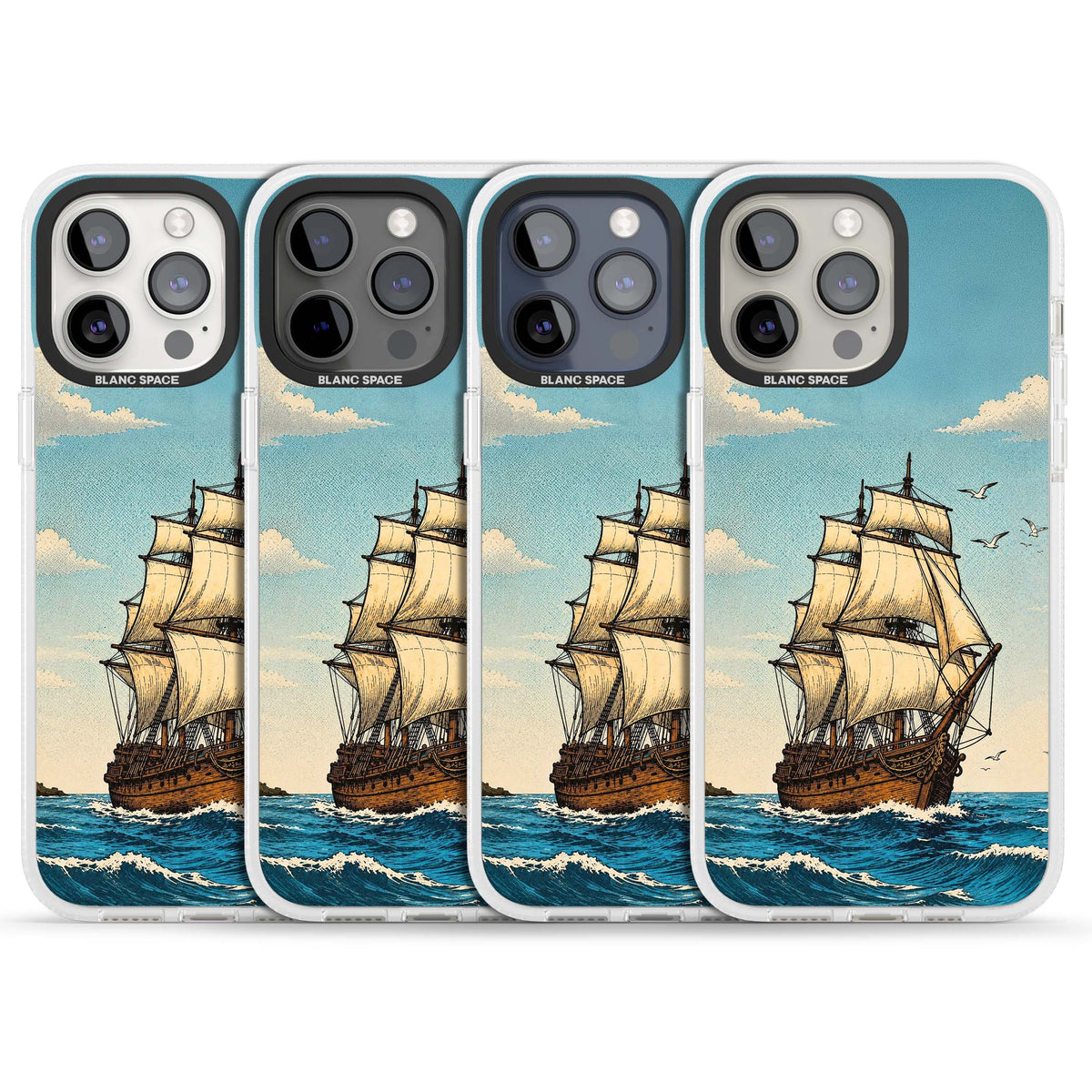 Ship at Sea nautical iPhone case featuring a vintage tall ship, ocean waves and seagulls | Clear Case Impact Air case for iPhone 15 Pro, iPhone 15 Pro Max