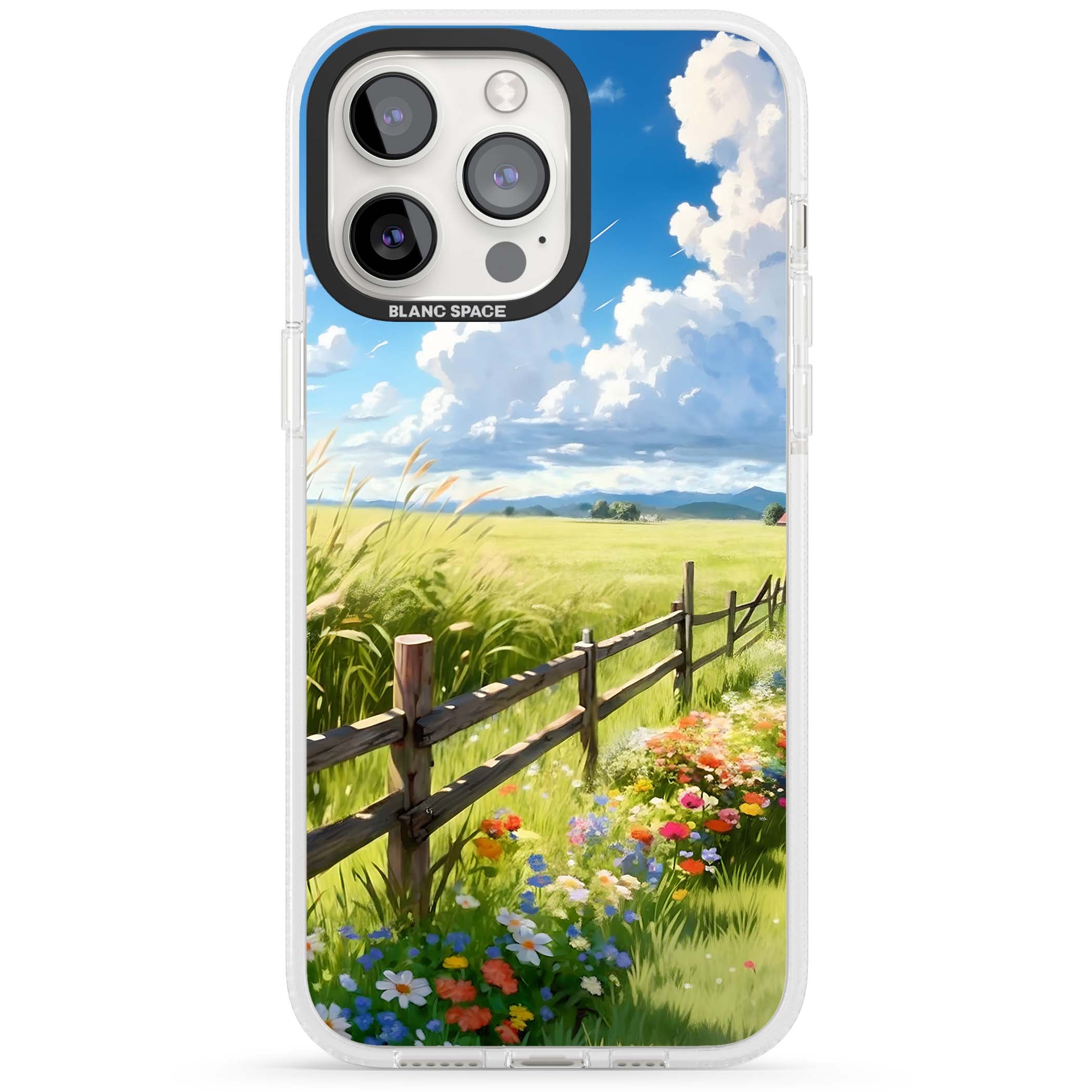 A Countryside Afternoon cottagecore iPhone case featuring a painted countryside meadow, wooden fence, and wildflowers beneath | Clear Case Impact Air case for iPhone 15 Pro, iPhone 15 Pro Max