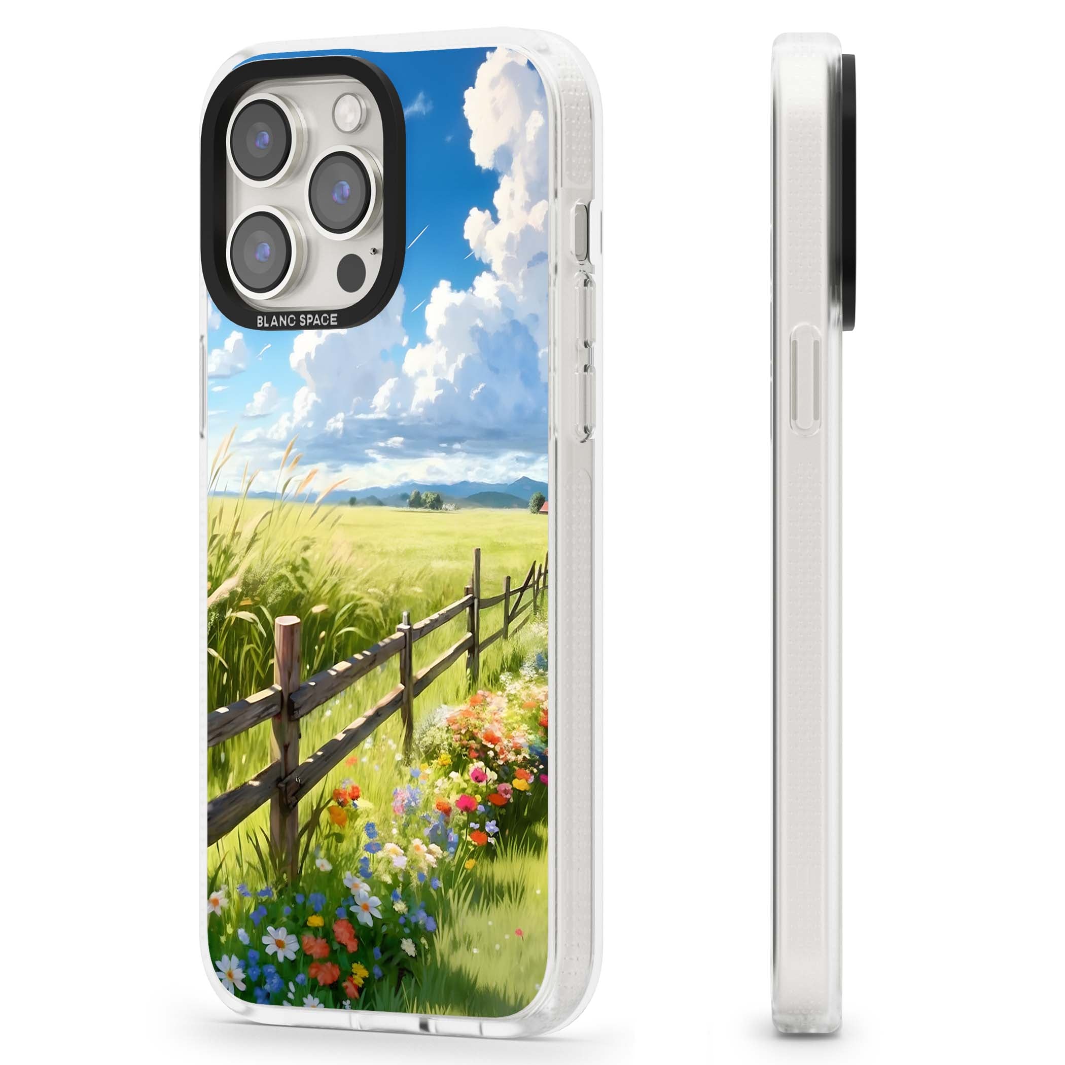 A Countryside Afternoon cottagecore iPhone case featuring a painted countryside meadow, wooden fence, and wildflowers beneath | Clear Case Impact Air case for iPhone 15 Pro, iPhone 15 Pro Max