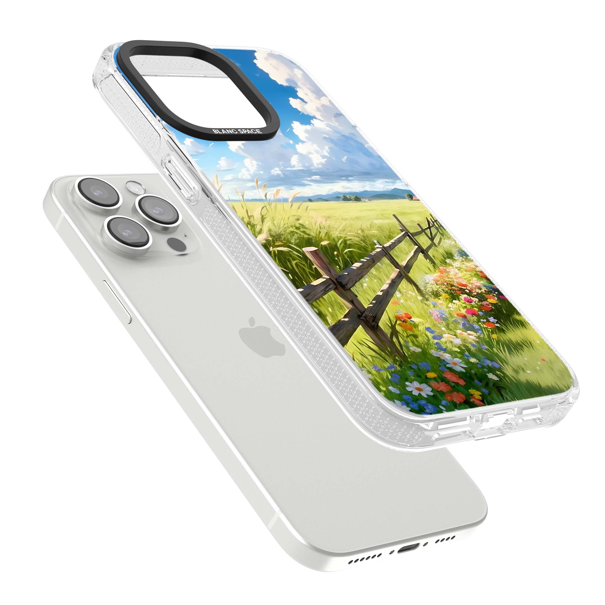 A Countryside Afternoon cottagecore iPhone case featuring a painted countryside meadow, wooden fence, and wildflowers beneath | Clear Case Impact Air case for iPhone 15 Pro, iPhone 15 Pro Max