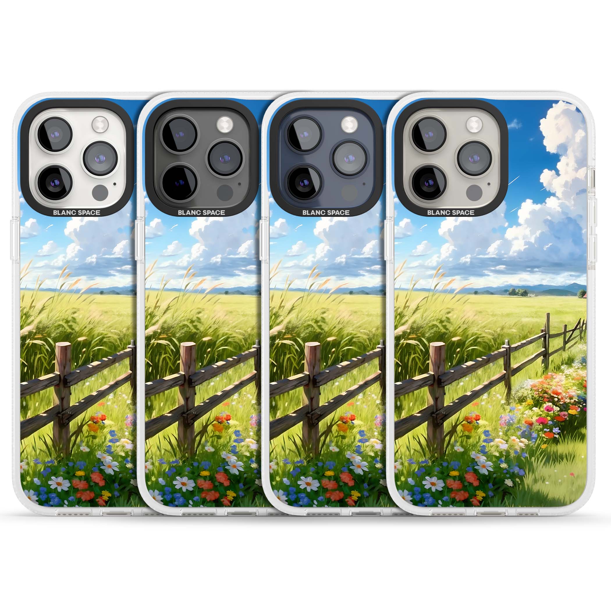 A Countryside Afternoon cottagecore iPhone case featuring a painted countryside meadow, wooden fence, and wildflowers beneath | Clear Case Impact Air case for iPhone 15 Pro, iPhone 15 Pro Max