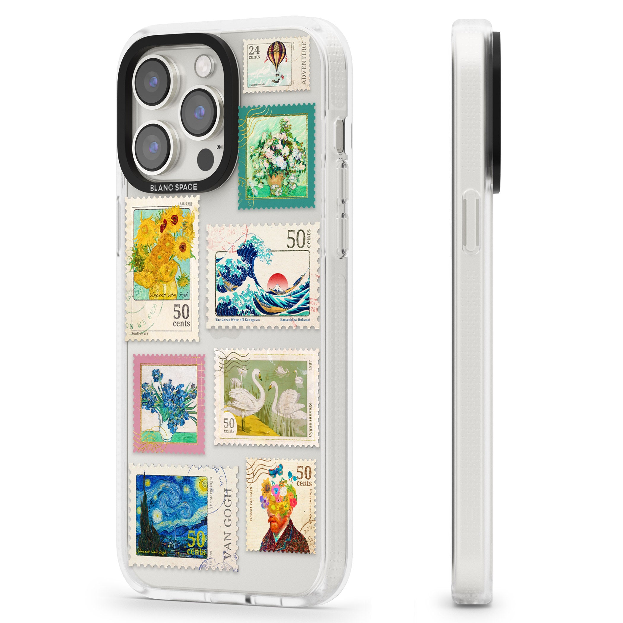 Vintage Art Stamps iPhone 15 Pro Max / 15 Pro / 14 Pro Max / 14 Pro / 13 Pro Clear Case Impact Air - Blanc Space