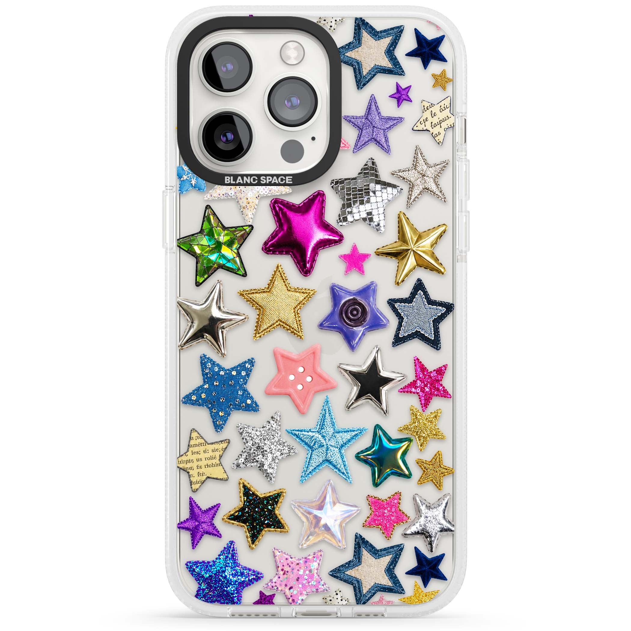 Crafty Star Mix Y2K iPhone case featuring embroidered, sequinned and glitter star patches in rainbow colours | Clear Case Impact Air case for iPhone 15 Pro, iPhone 15 Pro Max