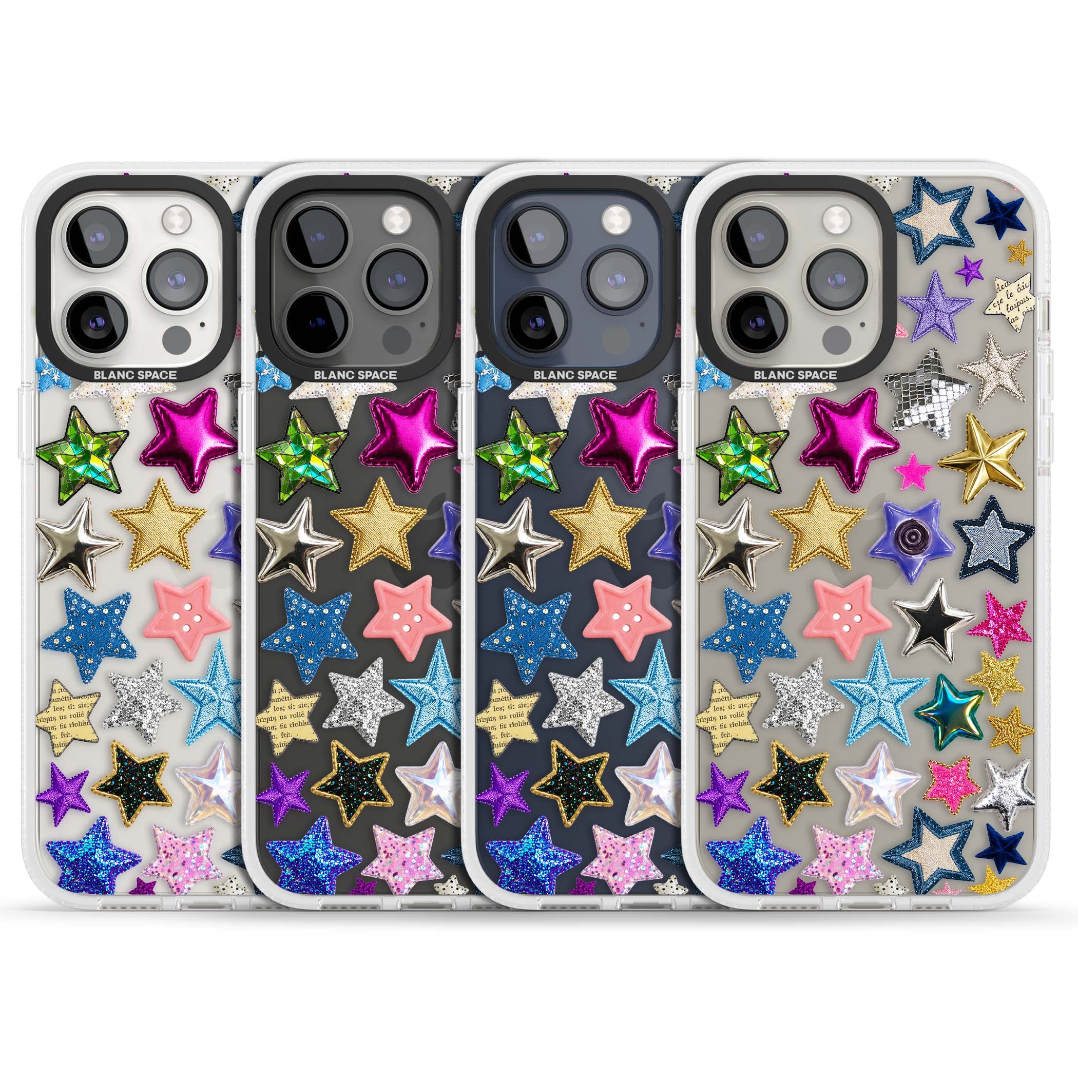 Crafty Star Mix Y2K iPhone case featuring embroidered, sequinned and glitter star patches in rainbow colours | Clear Case Impact Air case for iPhone 15 Pro, iPhone 15 Pro Max
