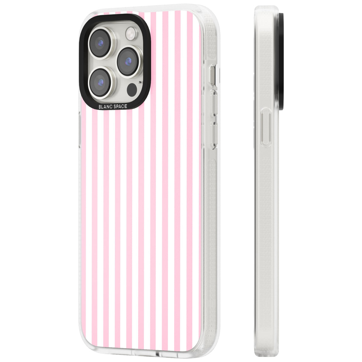Pink Stripe preppy iPhone case featuring soft pastel pink and white vertical candy stripes iPhone 12 Pro Max / iPhone 13 Pro / iPhone 13 Pro Max / iPhone 14 Pro / iPhone 14 Pro Max / iPhone 15 Pro / iPhone 15 Pro Max Impact Air Phone Case side