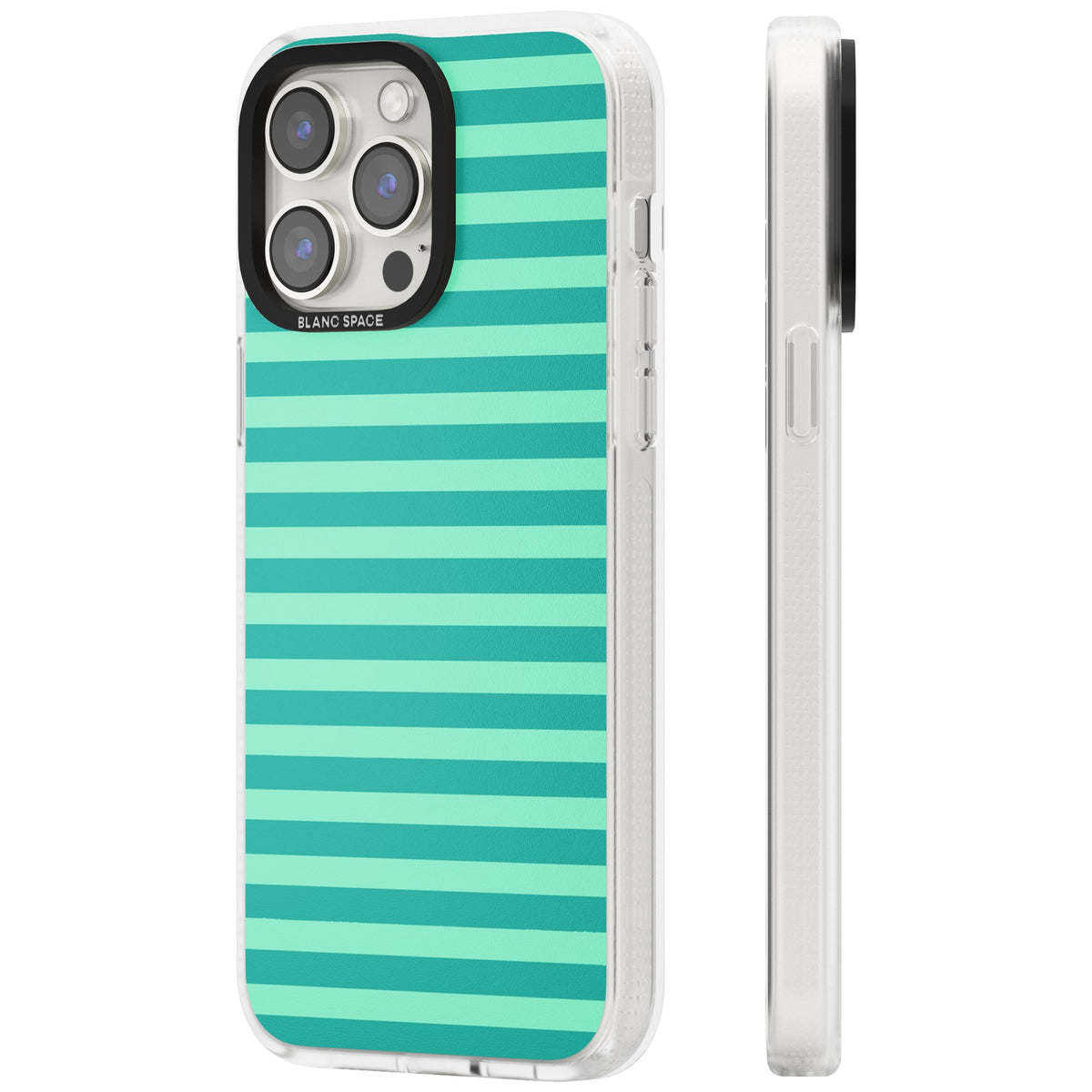 Turquoise Stripe preppy iPhone case featuring horizontal teal and mint green stripes on a black protective frame iPhone 12 Pro Max / iPhone 13 Pro / iPhone 13 Pro Max / iPhone 14 Pro / iPhone 14 Pro Max / iPhone 15 Pro / iPhone 15 Pro Max Impact Air Phone Case side