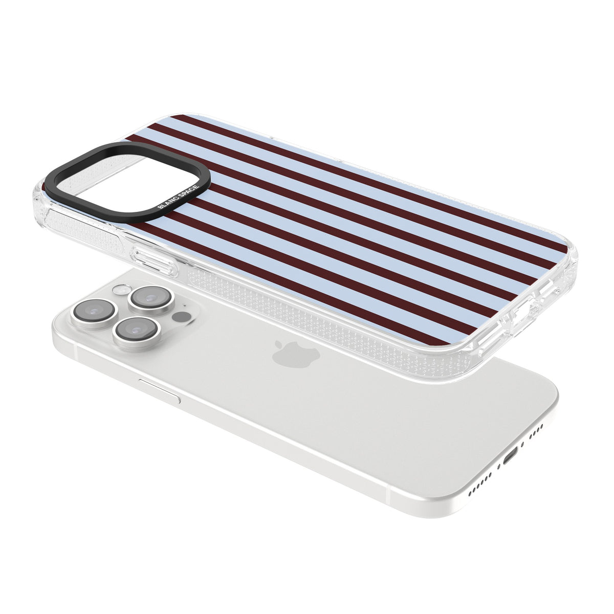 Blackcurrant Stripe preppy iPhone case featuring vertical burgundy and light blue stripes in a classic pinstripe layout iPhone 12 Pro Max / iPhone 13 Pro / iPhone 13 Pro Max / iPhone 14 Pro / iPhone 14 Pro Max / iPhone 15 Pro / iPhone 15 Pro Max Impact Air Phone Case angled