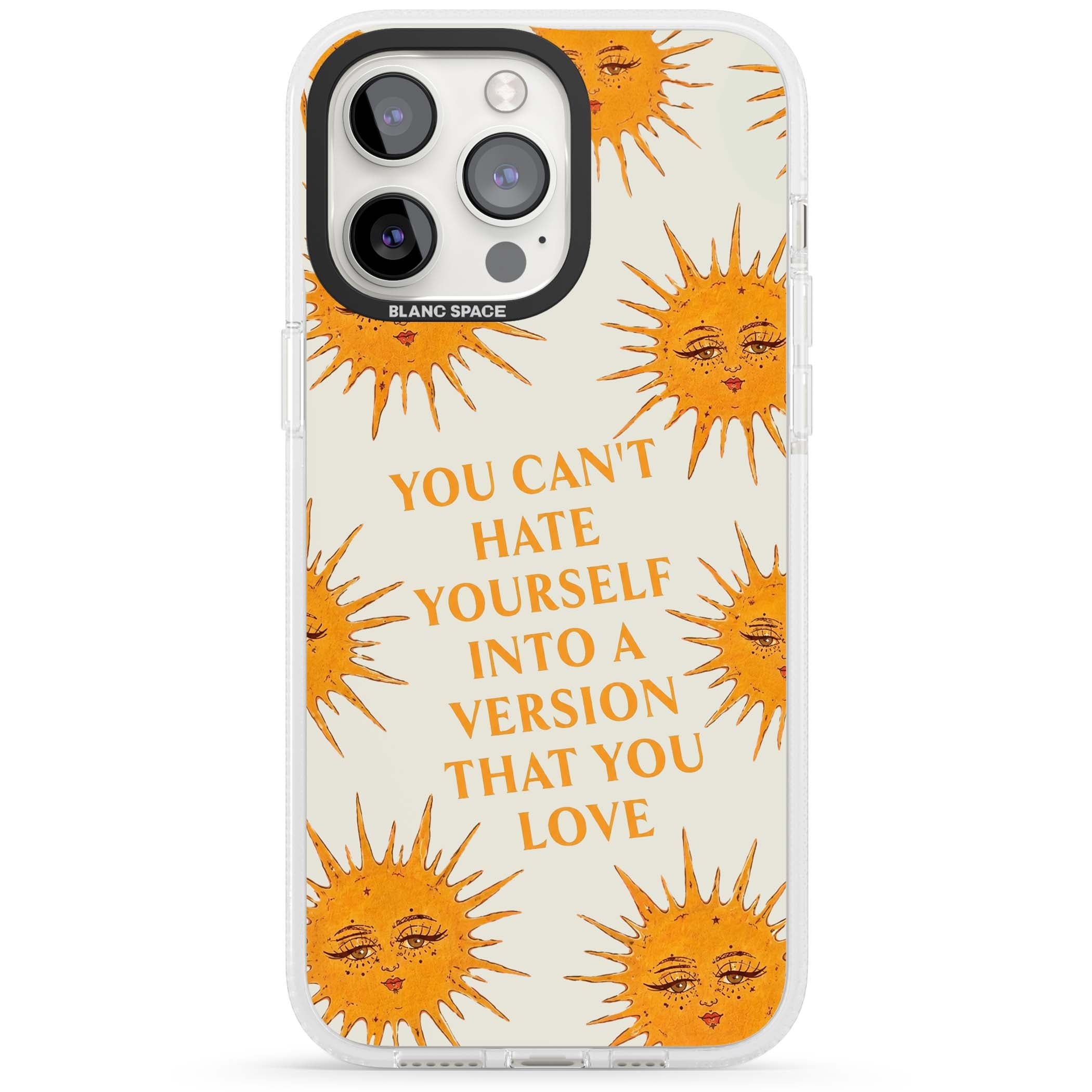 Don't Hate Yourself celestial iPhone case featuring vintage sun faces, ochre rays and a self-love quote | Clear Case Impact Air case for iPhone 15 Pro, iPhone 15 Pro Max
