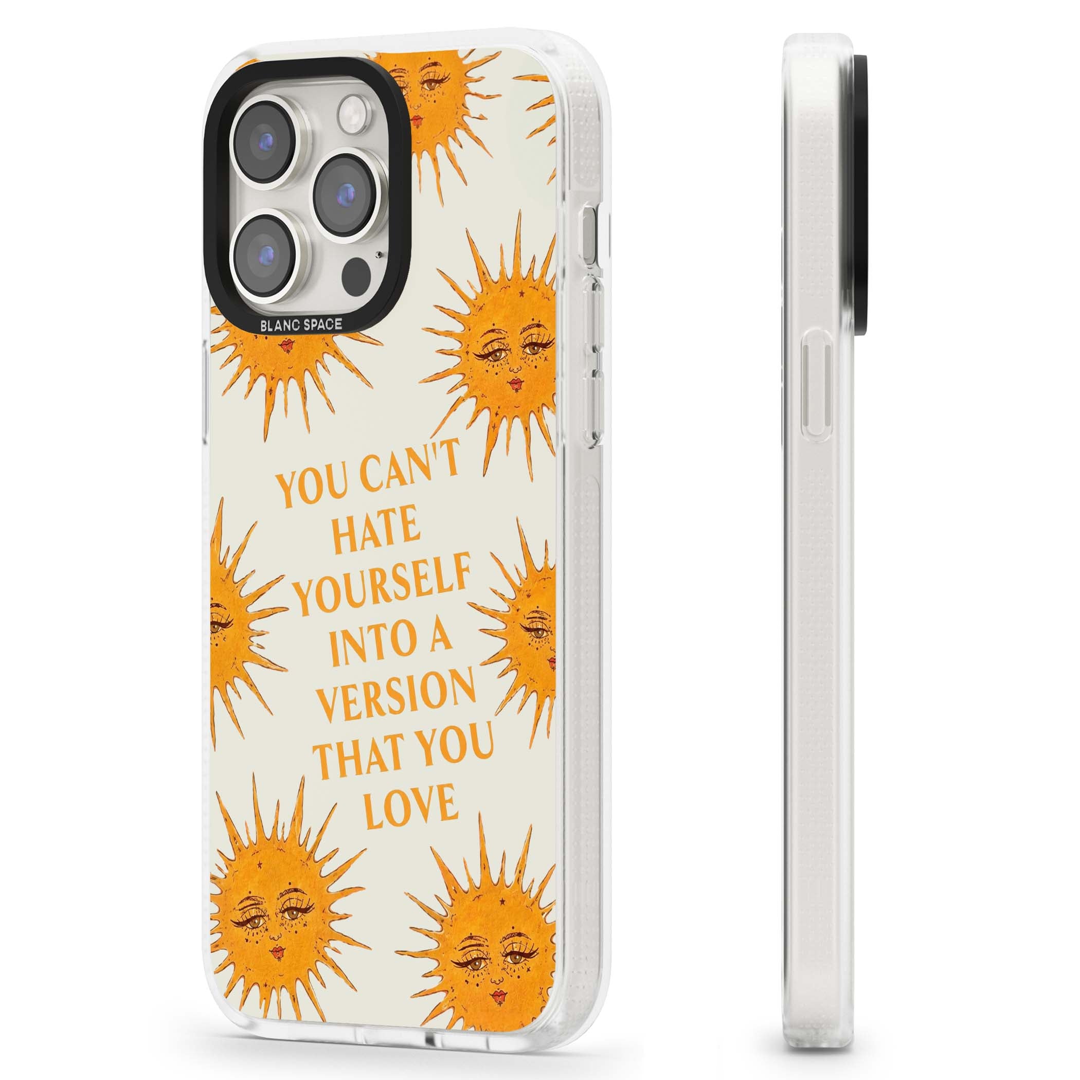 Don't Hate Yourself celestial iPhone case featuring vintage sun faces, ochre rays and a self-love quote | Clear Case Impact Air case for iPhone 15 Pro, iPhone 15 Pro Max