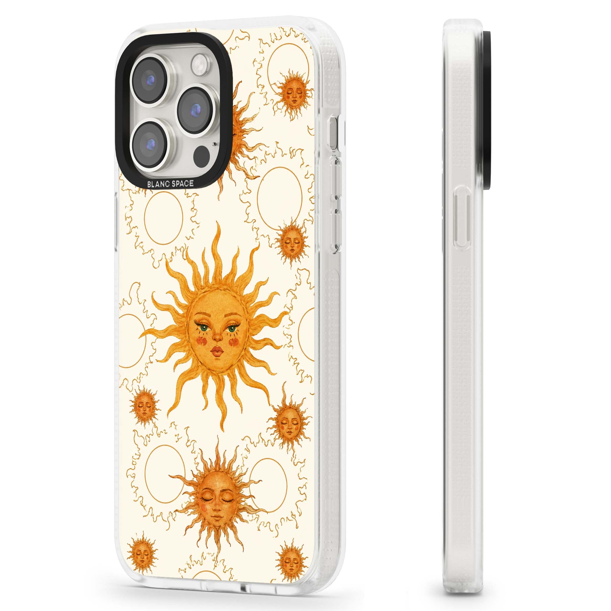 Solstice Muse celestial iPhone case featuring hand-painted golden sun faces, closed-eye sun goddesses and outlined moons... | Clear Case Impact Air case for iPhone 15 Pro, iPhone 15 Pro Max