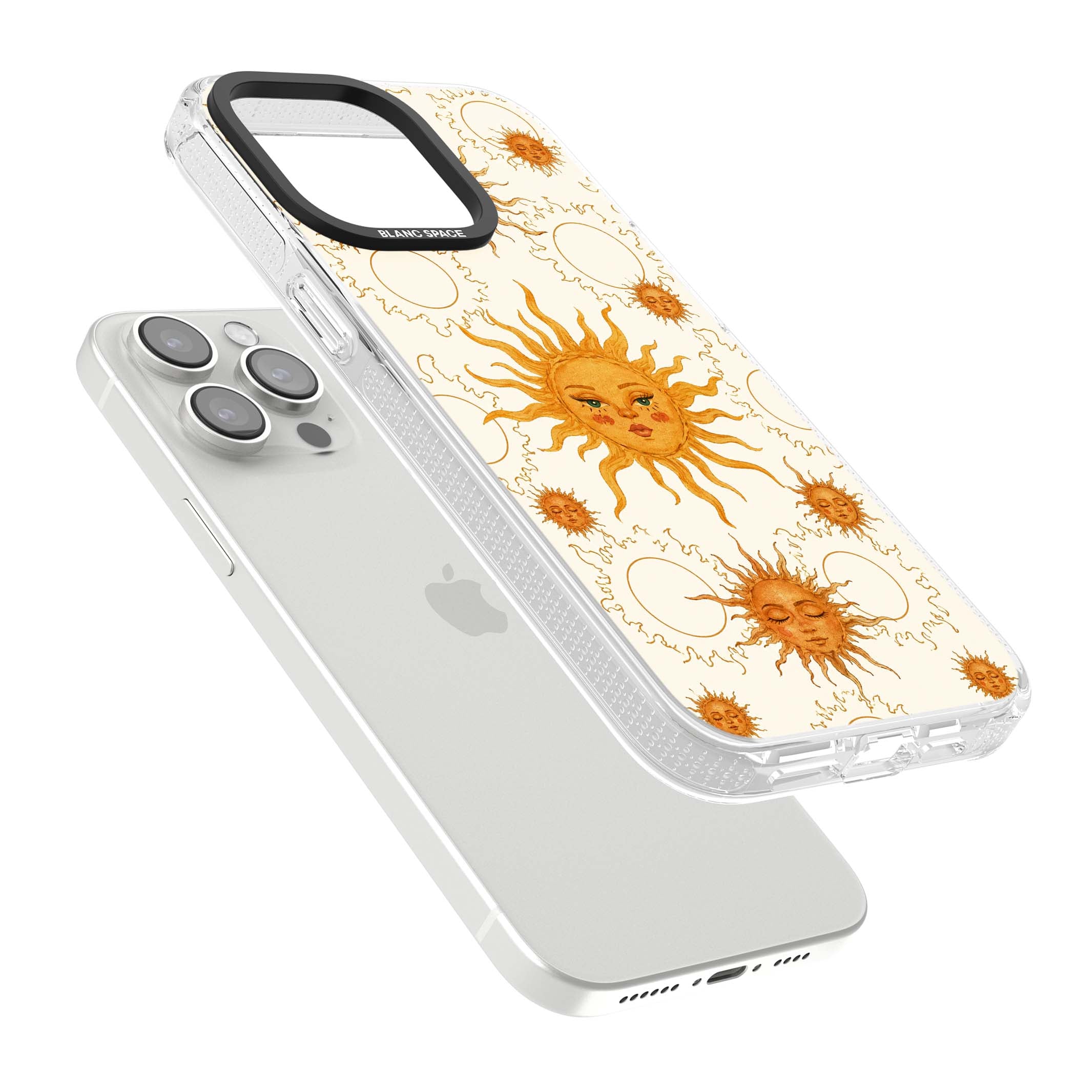 Solstice Muse celestial iPhone case featuring hand-painted golden sun faces, closed-eye sun goddesses and outlined moons... | Clear Case Impact Air case for iPhone 15 Pro, iPhone 15 Pro Max