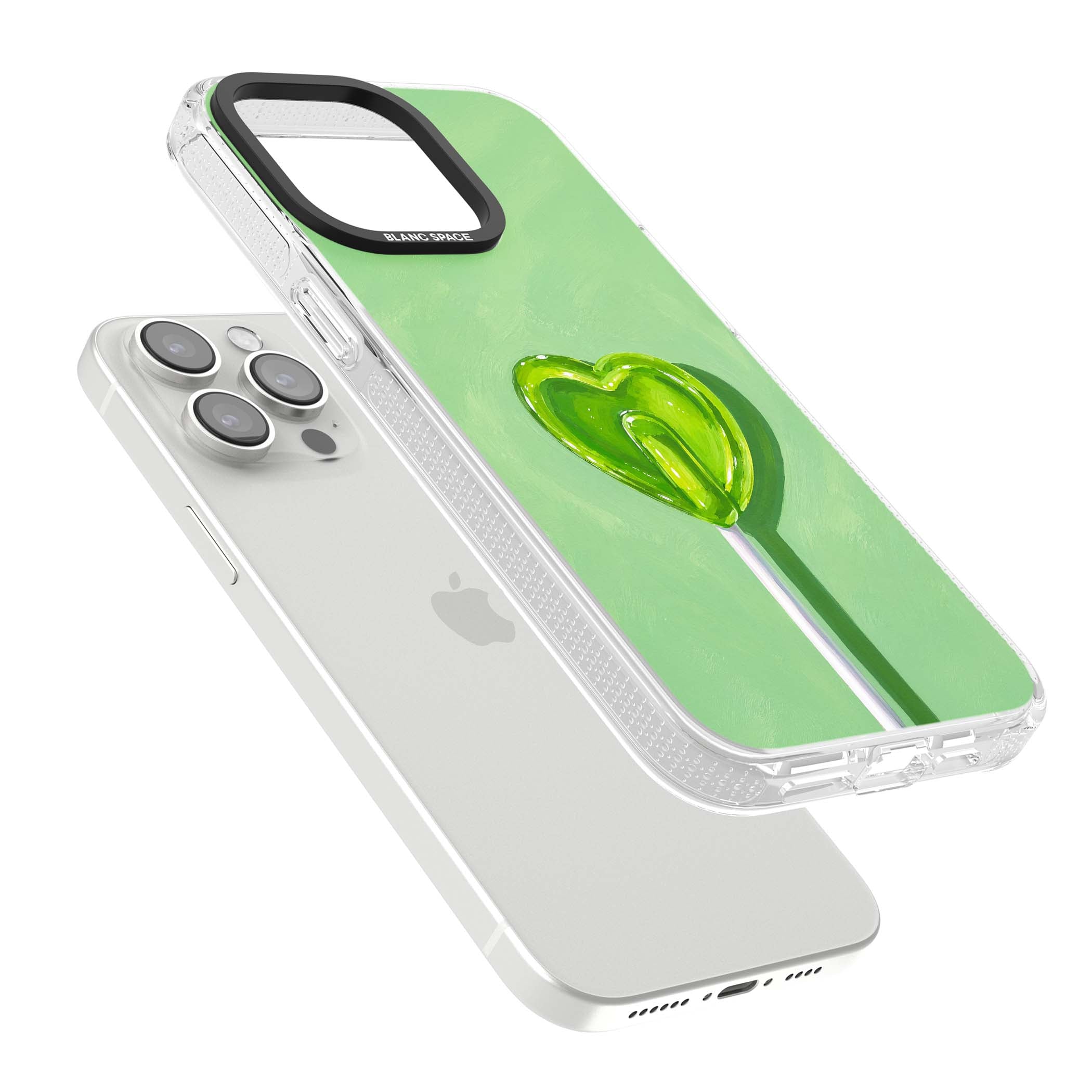 Green Lollipop candy art iPhone case featuring a glossy green heart-shaped lollipop on a painted pastel green background | Clear Case Impact Air case for iPhone 15 Pro, iPhone 15 Pro Max