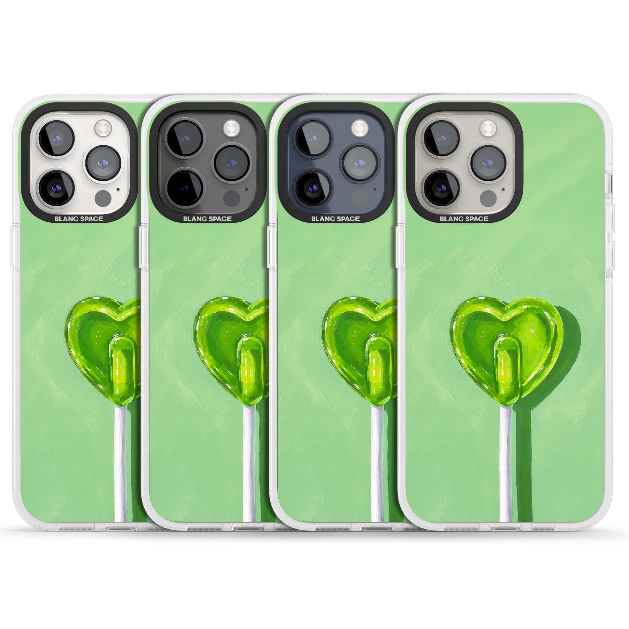 Green Lollipop candy art iPhone case featuring a glossy green heart-shaped lollipop on a painted pastel green background | Clear Case Impact Air case for iPhone 15 Pro, iPhone 15 Pro Max