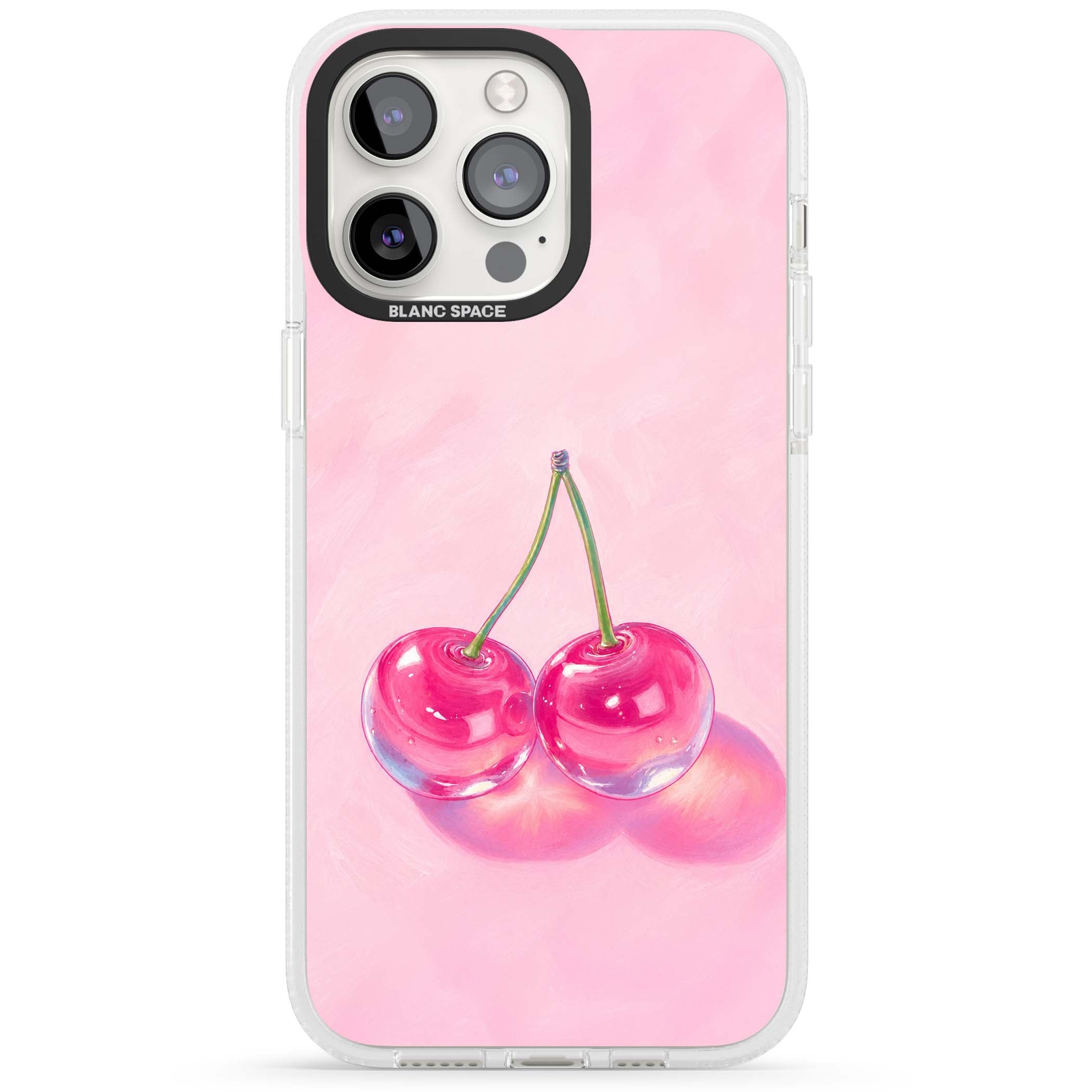 Pink Glass Cherry coquette iPhone case featuring two glossy painted cherries on a soft pink background | Clear Case Impact Air case for iPhone 15 Pro, iPhone 15 Pro Max
