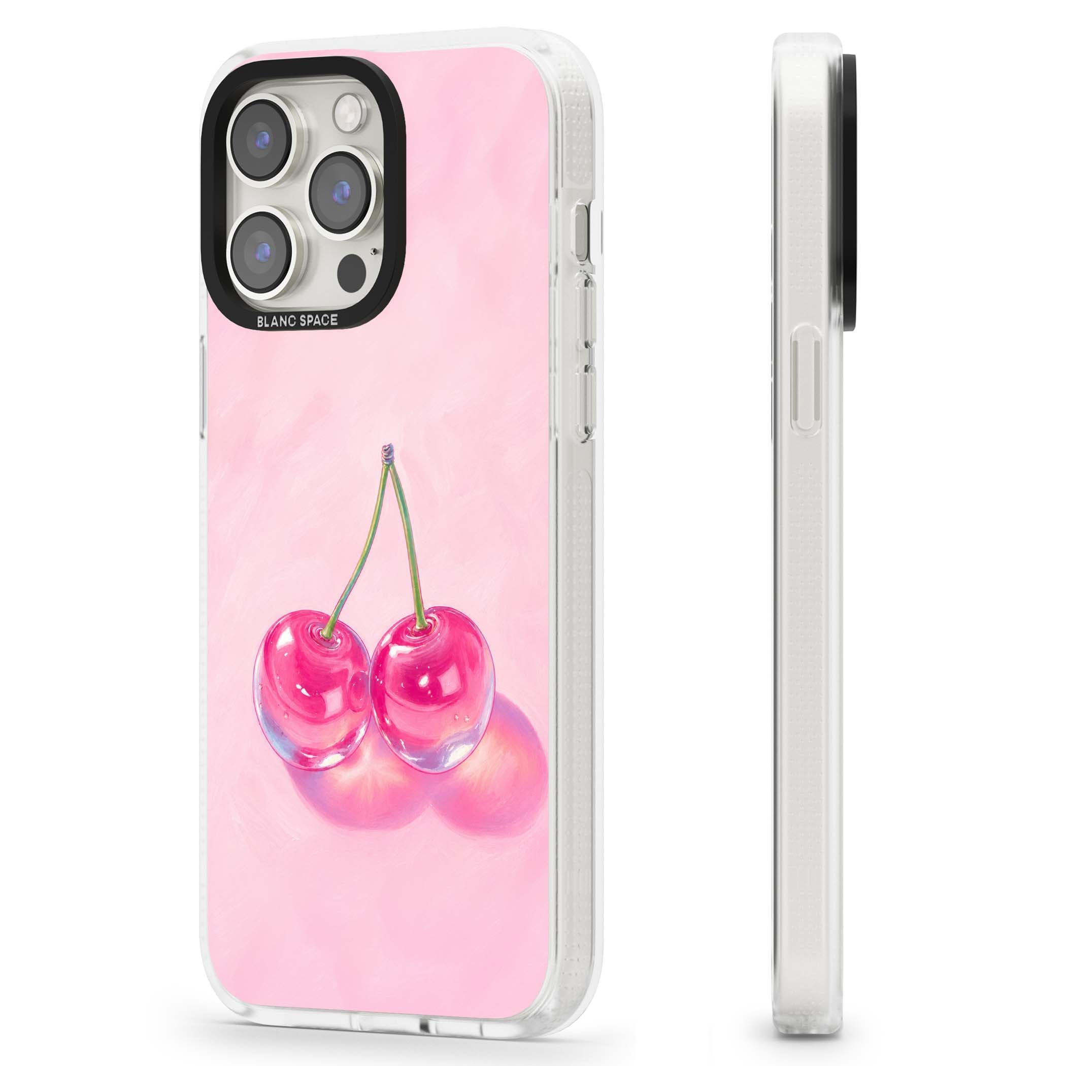 Pink Glass Cherry coquette iPhone case featuring two glossy painted cherries on a soft pink background | Clear Case Impact Air case for iPhone 15 Pro, iPhone 15 Pro Max