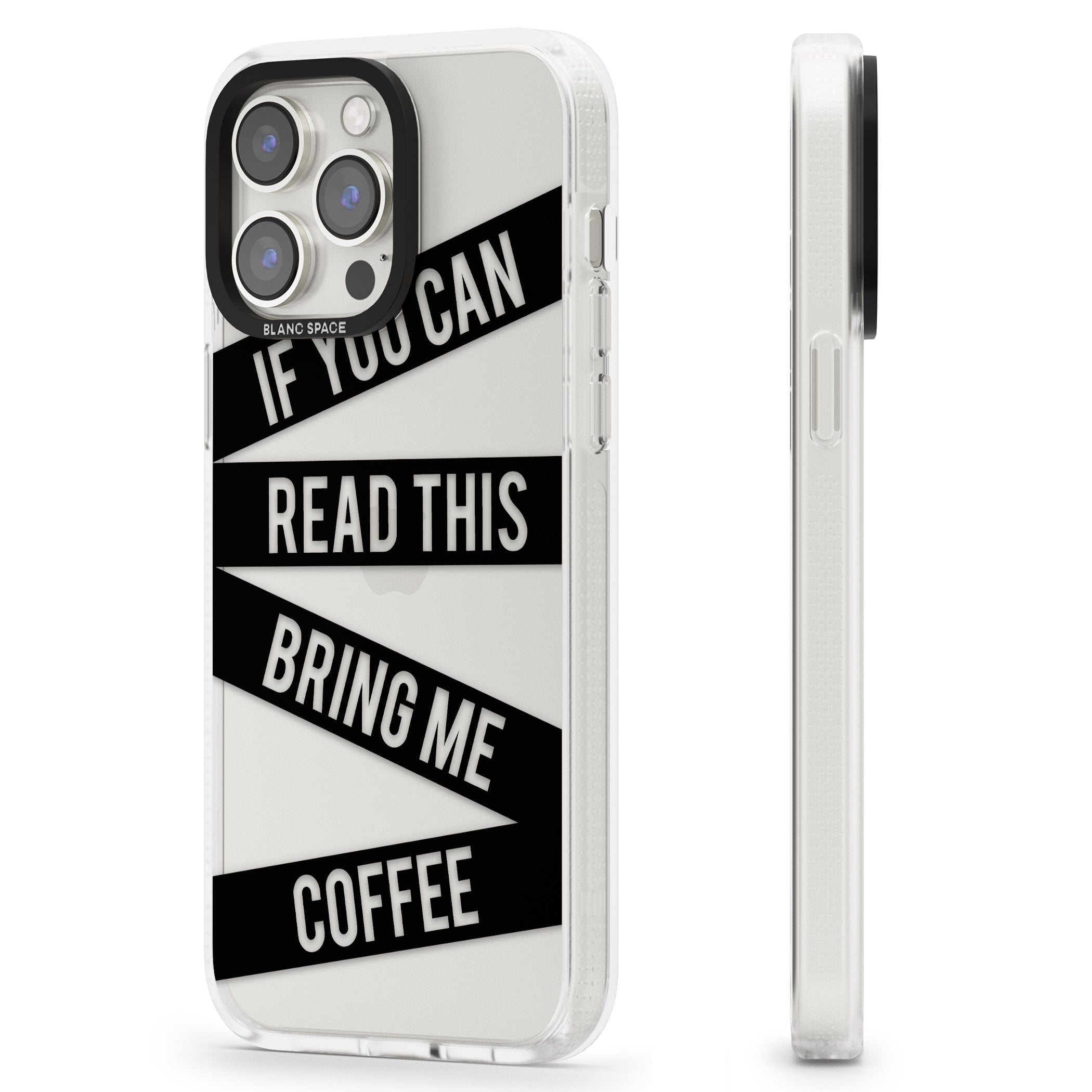 Black Stripes Bring Me Coffee iPhone 15 Pro Max / 15 Pro / 14 Pro Max / 14 Pro / 13 Pro Clear Case Impact Air - Blanc Space
