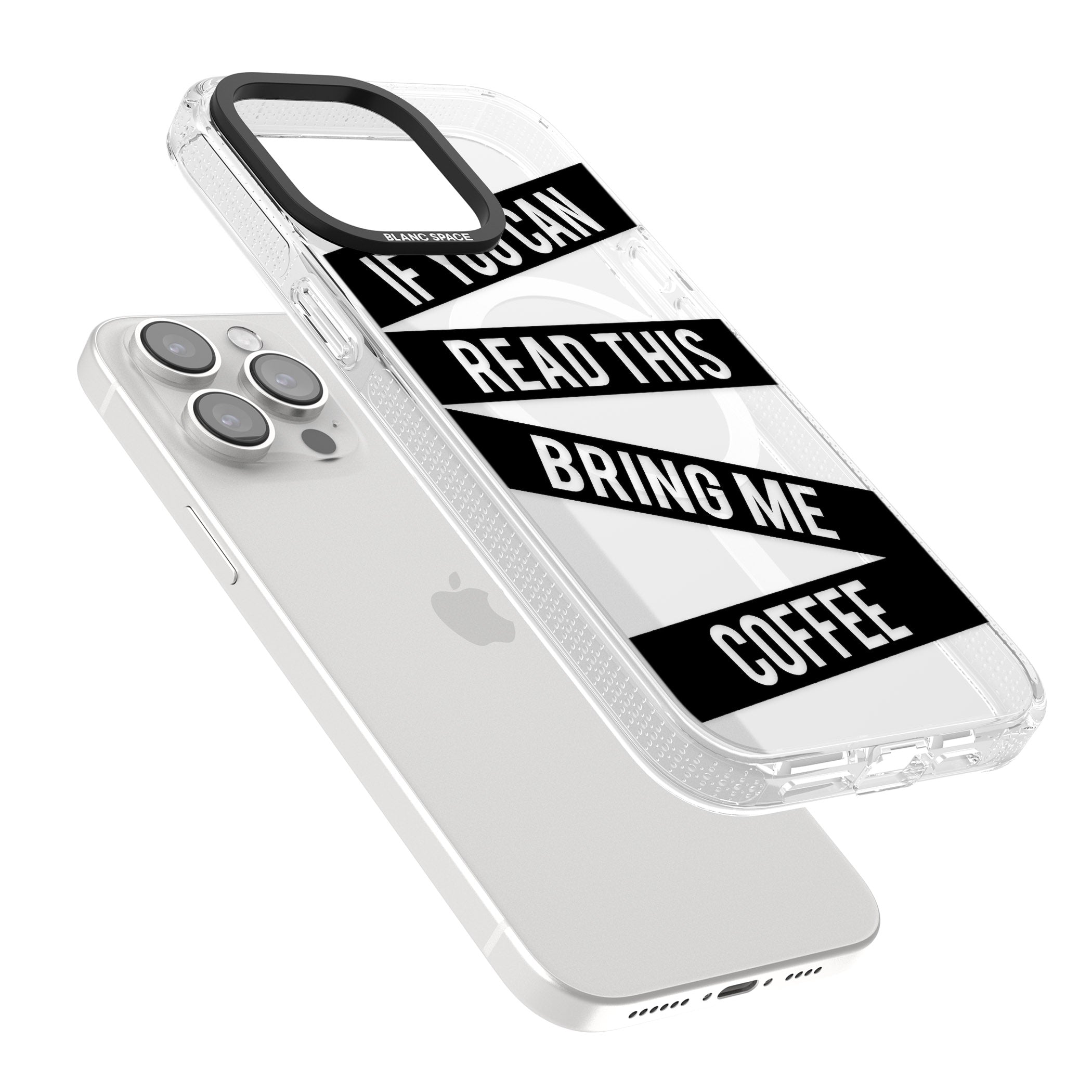 Black Stripes Bring Me Coffee iPhone 15 Pro Max / 15 Pro / 14 Pro Max / 14 Pro / 13 Pro Clear Case Impact Air - Blanc Space