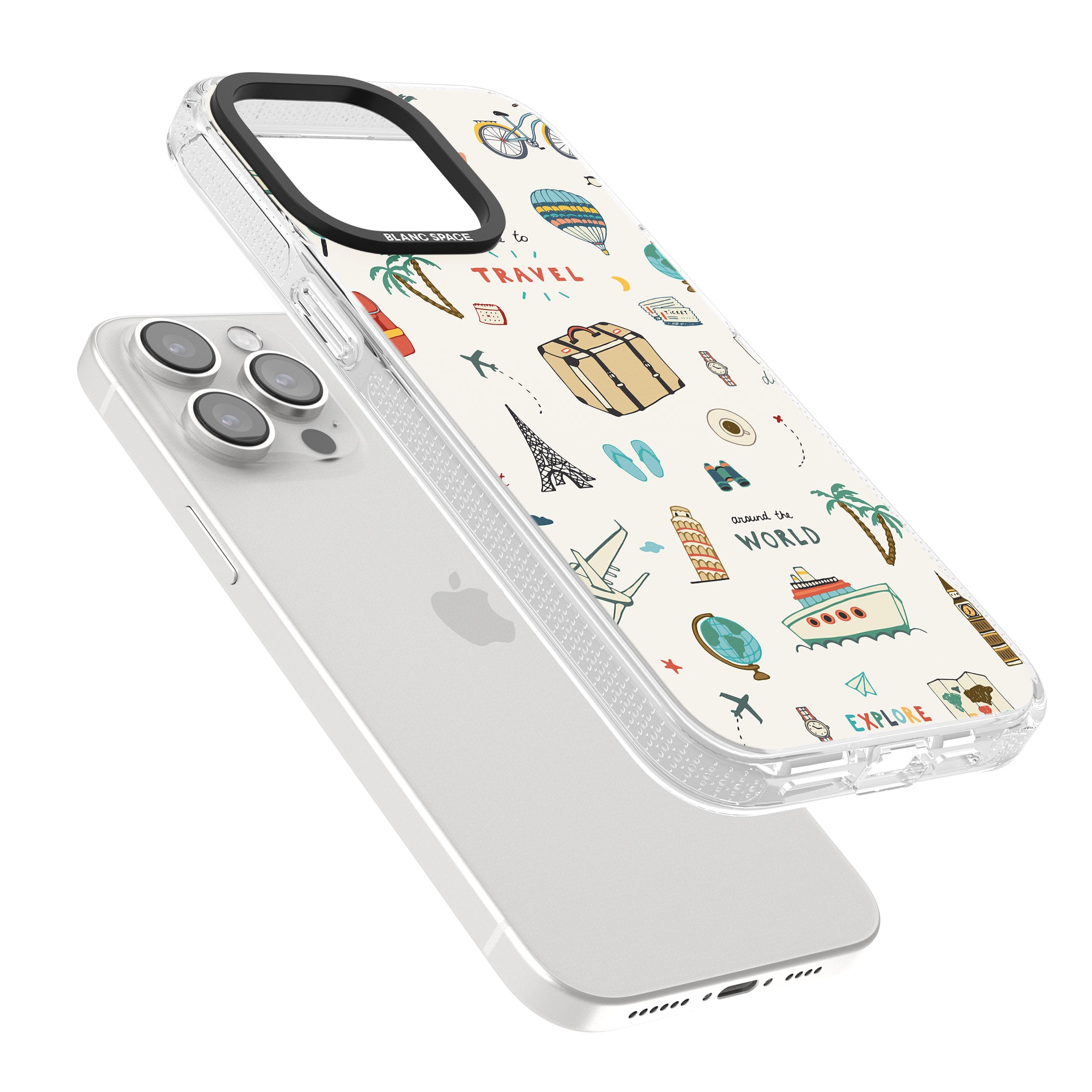 Cute Travel Pattern Cream iPhone 15 Pro Max / 15 Pro / 14 Pro Max / 14 Pro / 13 Pro Clear Case Impact Air - Blanc Space