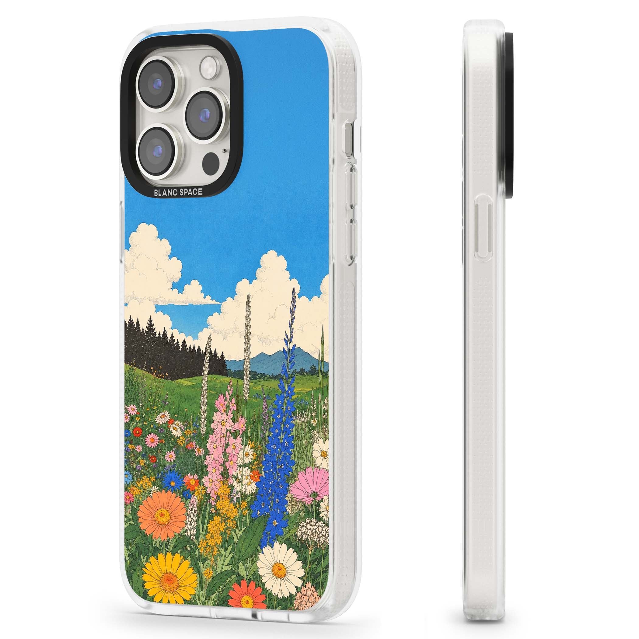 Wildbloom wildflower iPhone case featuring a vintage Japanese-style meadow landscape with daisies, delphiniums and moun | Clear Case Impact Air case for iPhone 15 Pro, iPhone 15 Pro Max