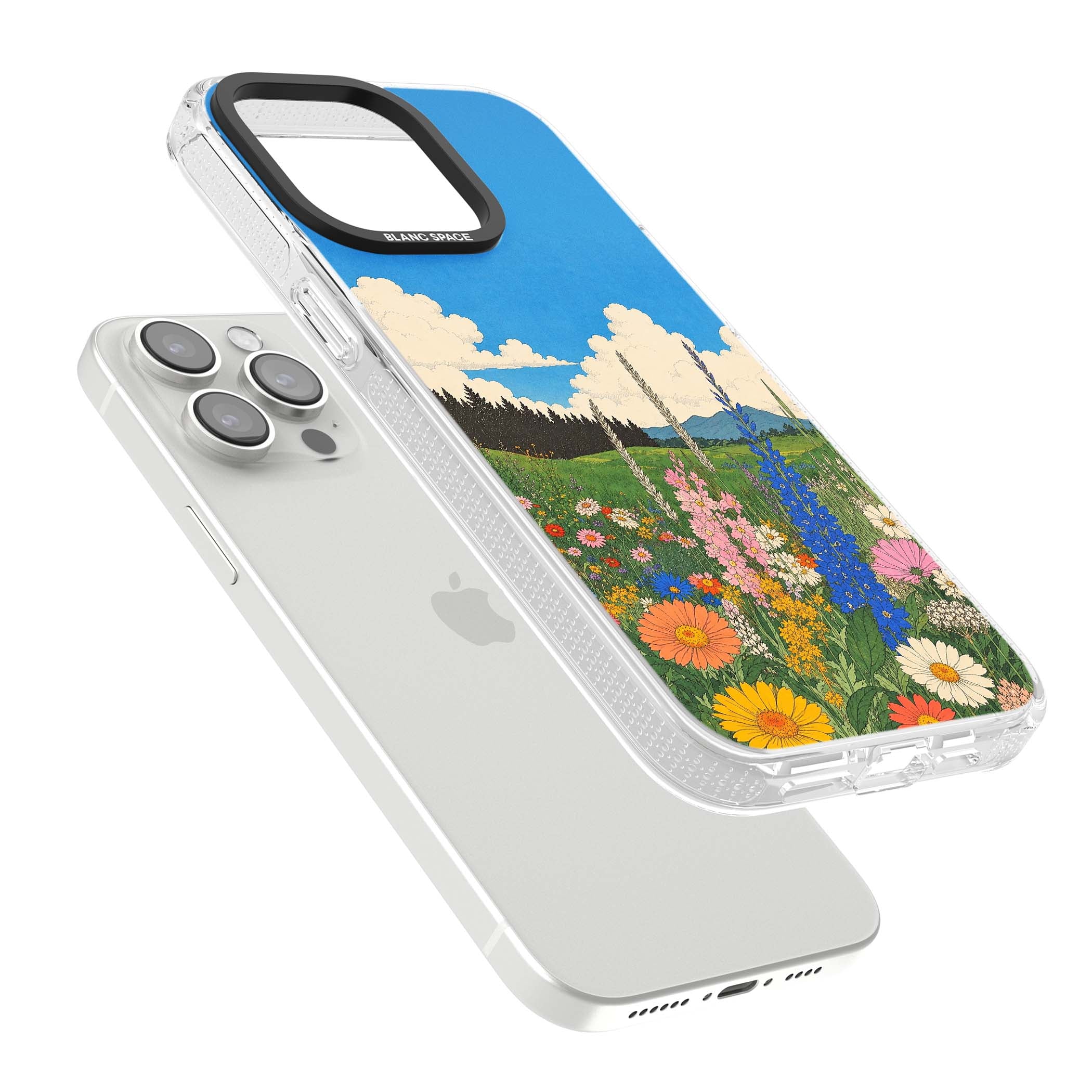 Wildbloom wildflower iPhone case featuring a vintage Japanese-style meadow landscape with daisies, delphiniums and moun | Clear Case Impact Air case for iPhone 15 Pro, iPhone 15 Pro Max