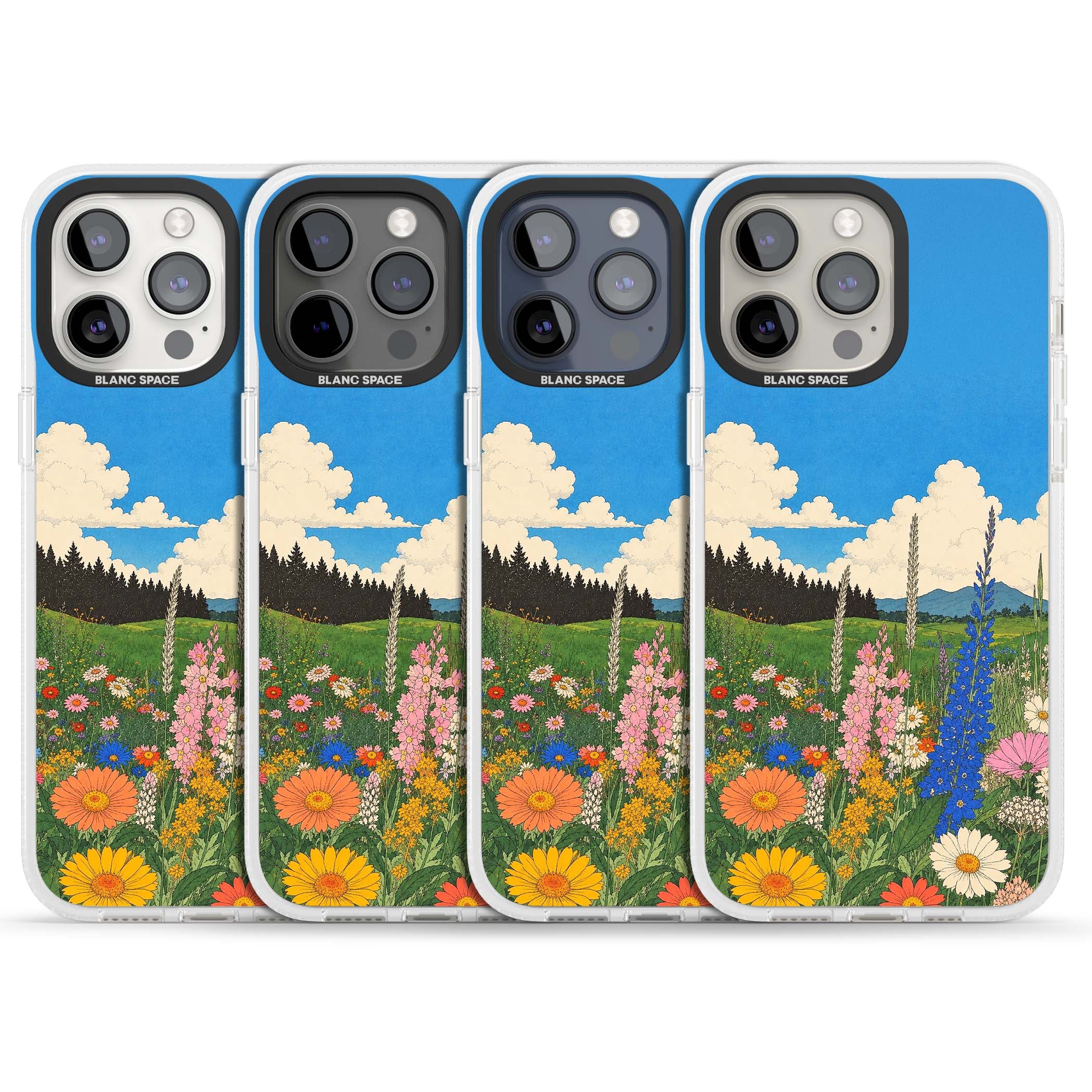 Wildbloom wildflower iPhone case featuring a vintage Japanese-style meadow landscape with daisies, delphiniums and moun | Clear Case Impact Air case for iPhone 15 Pro, iPhone 15 Pro Max