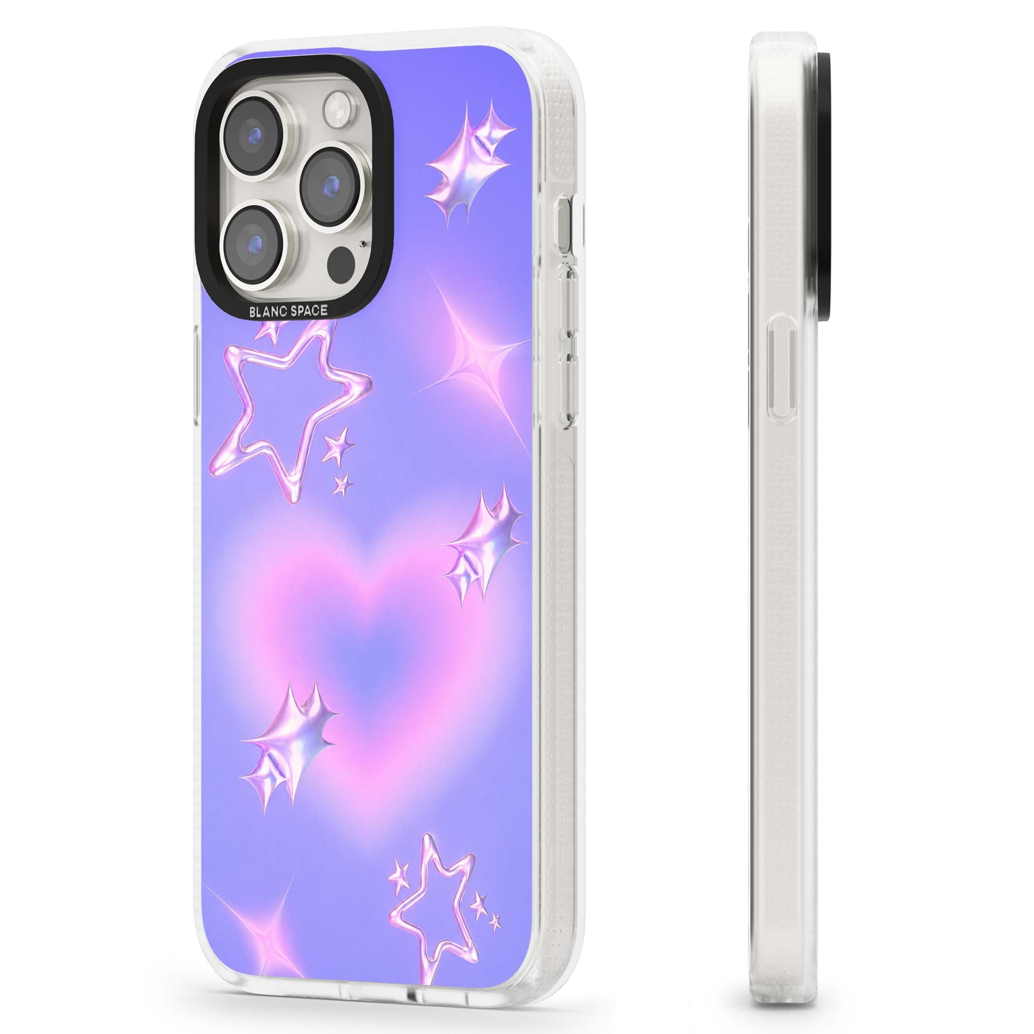 Soft Sugar Y2K iPhone case featuring iridescent chrome hearts, metallic pink stars and a lavender gradient sky | Clear Case Impact Air case for iPhone 15 Pro, iPhone 15 Pro Max
