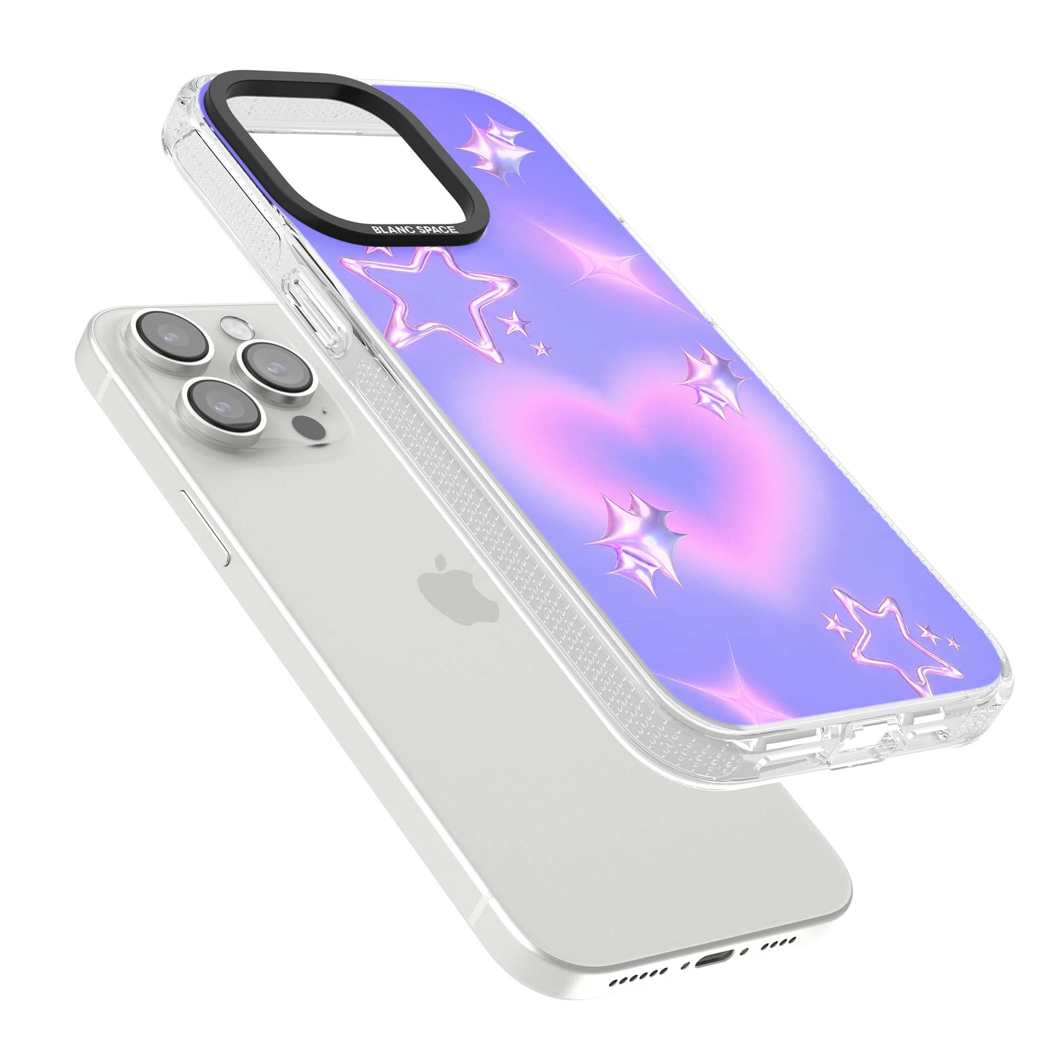Soft Sugar Y2K iPhone case featuring iridescent chrome hearts, metallic pink stars and a lavender gradient sky | Clear Case Impact Air case for iPhone 15 Pro, iPhone 15 Pro Max