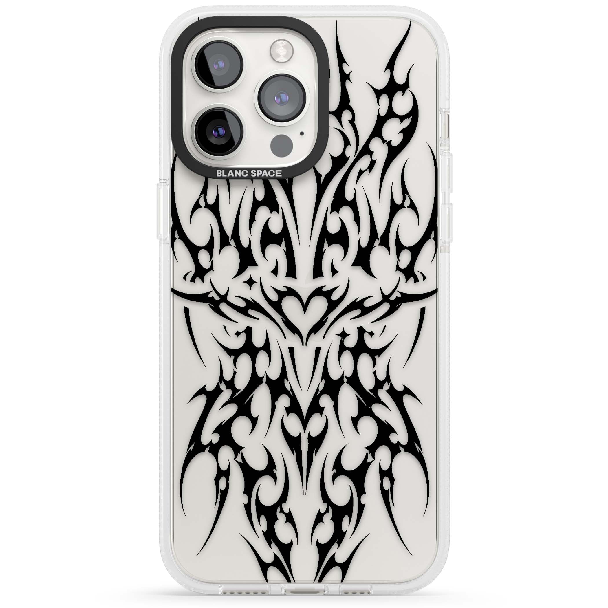 Neo Tribal Heart gothic iPhone case featuring symmetrical black tribal tattoo art with sharp thorn-like linework | Clear Case Impact Air case for iPhone 15 Pro, iPhone 15 Pro Max