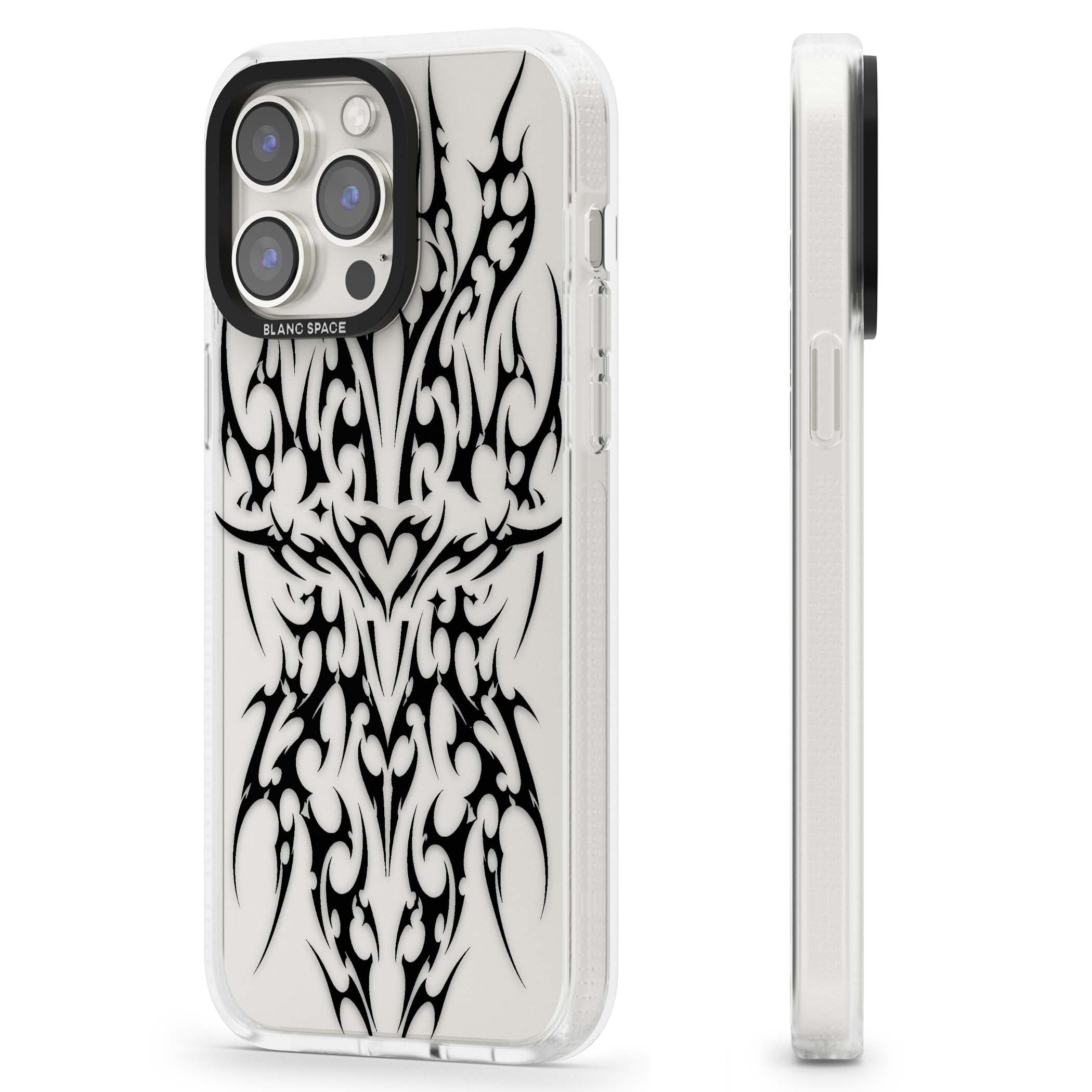 Neo Tribal Heart gothic iPhone case featuring symmetrical black tribal tattoo art with sharp thorn-like linework | Clear Case Impact Air case for iPhone 15 Pro, iPhone 15 Pro Max