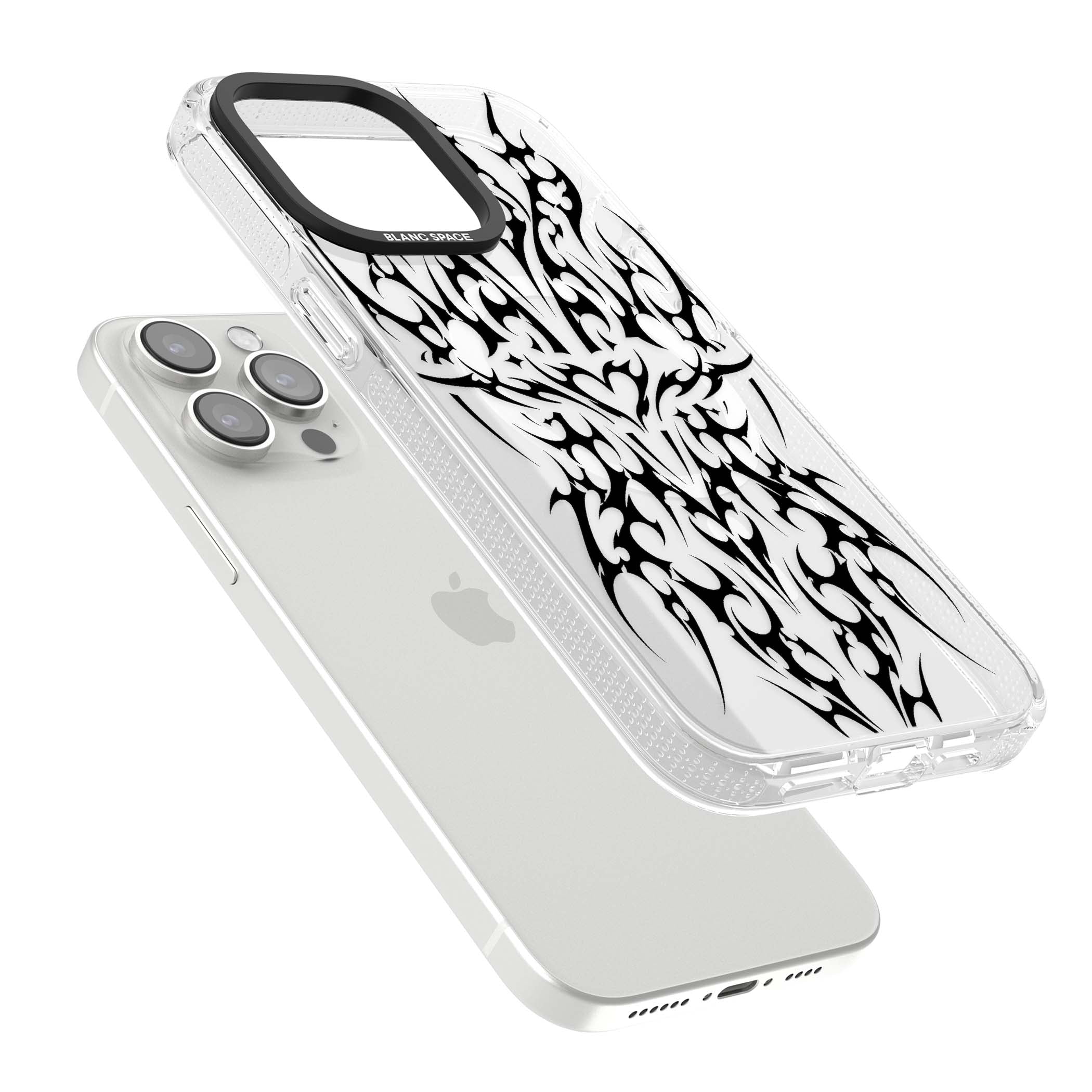Neo Tribal Heart gothic iPhone case featuring symmetrical black tribal tattoo art with sharp thorn-like linework | Clear Case Impact Air case for iPhone 15 Pro, iPhone 15 Pro Max