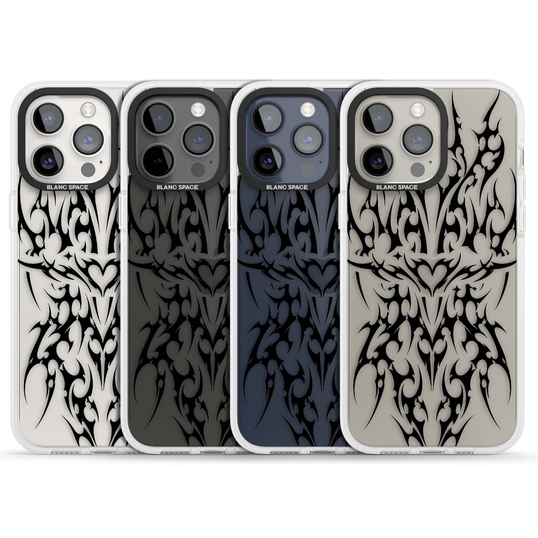 Neo Tribal Heart gothic iPhone case featuring symmetrical black tribal tattoo art with sharp thorn-like linework | Clear Case Impact Air case for iPhone 15 Pro, iPhone 15 Pro Max