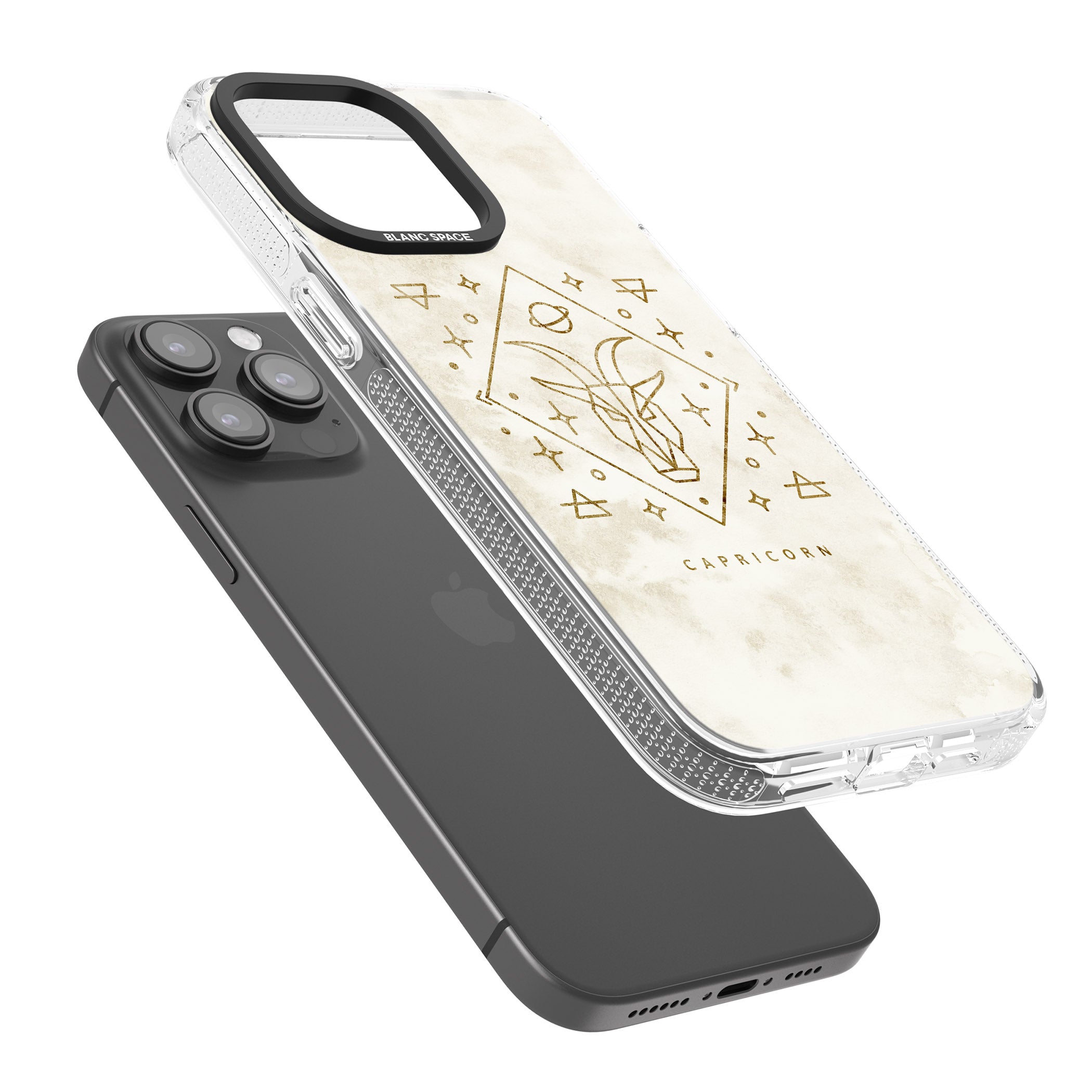 Capricorn Emblem - Solid Gold Marbled Design iPhone 15 Pro Max / 15 Pro / 14 Pro Max / 14 Pro / 13 Pro Clear Case Impact Air - Blanc Space