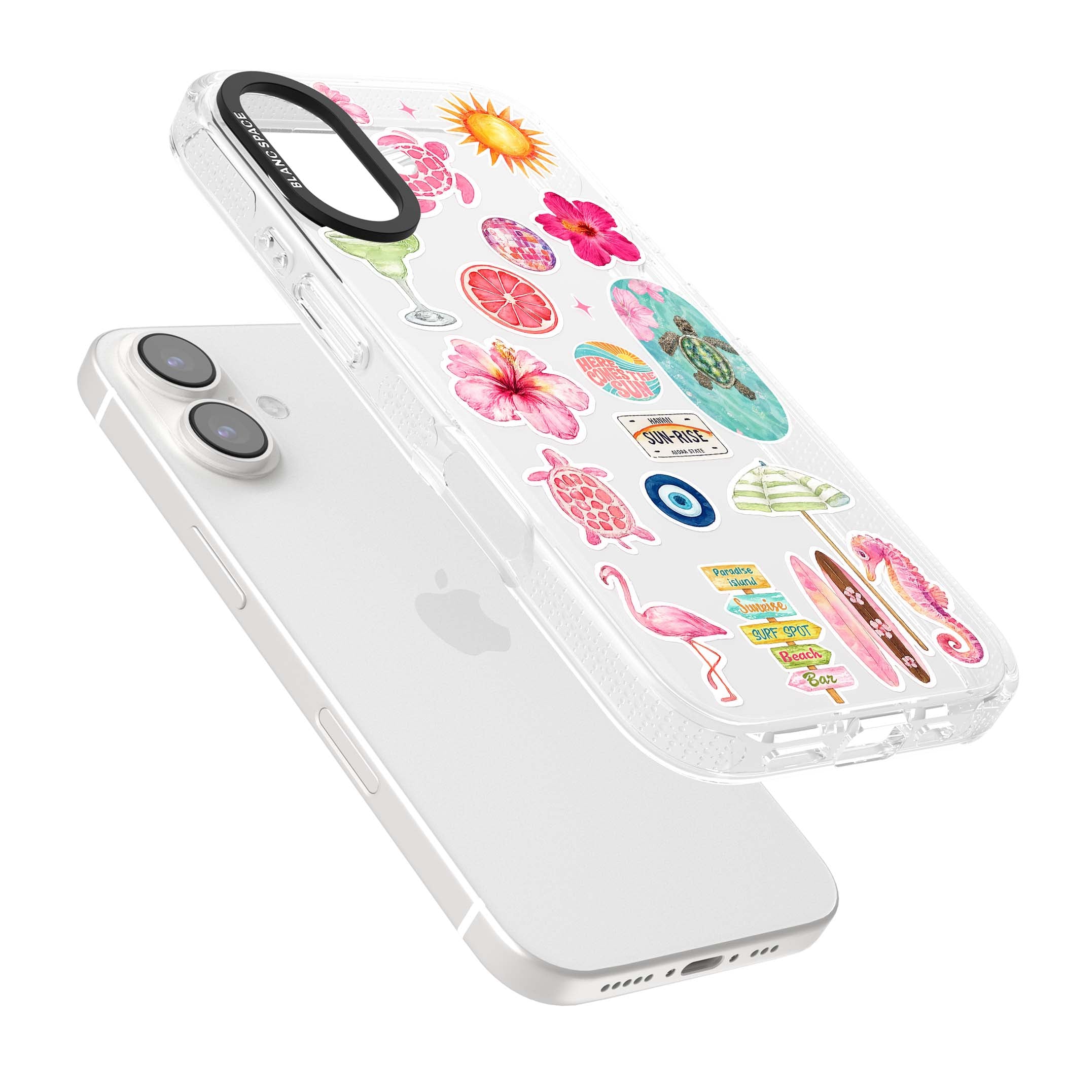 Aloha Sticker Mix tropical summer iPhone case featuring pink hibiscus, sea turtles, flamingo and beach umbrella stickers | Clear Case Impact Air case for iPhone 16, iPhone 16 Plus